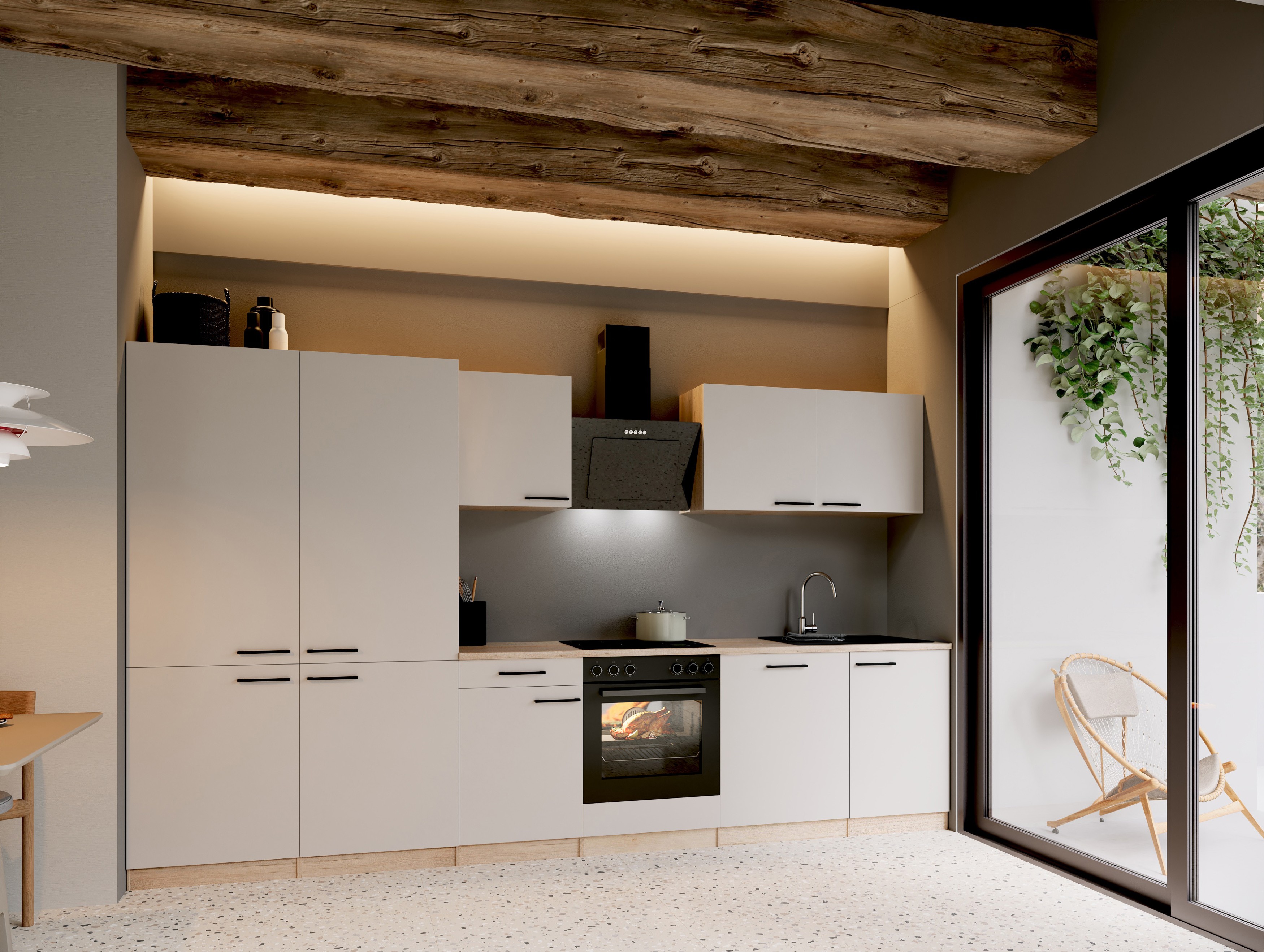Respekta Küchenzeile Merle mit Einbaukühlschrank French Door Optik 340 cm – Kaschmir / Eiche Sägerau Nachbildung