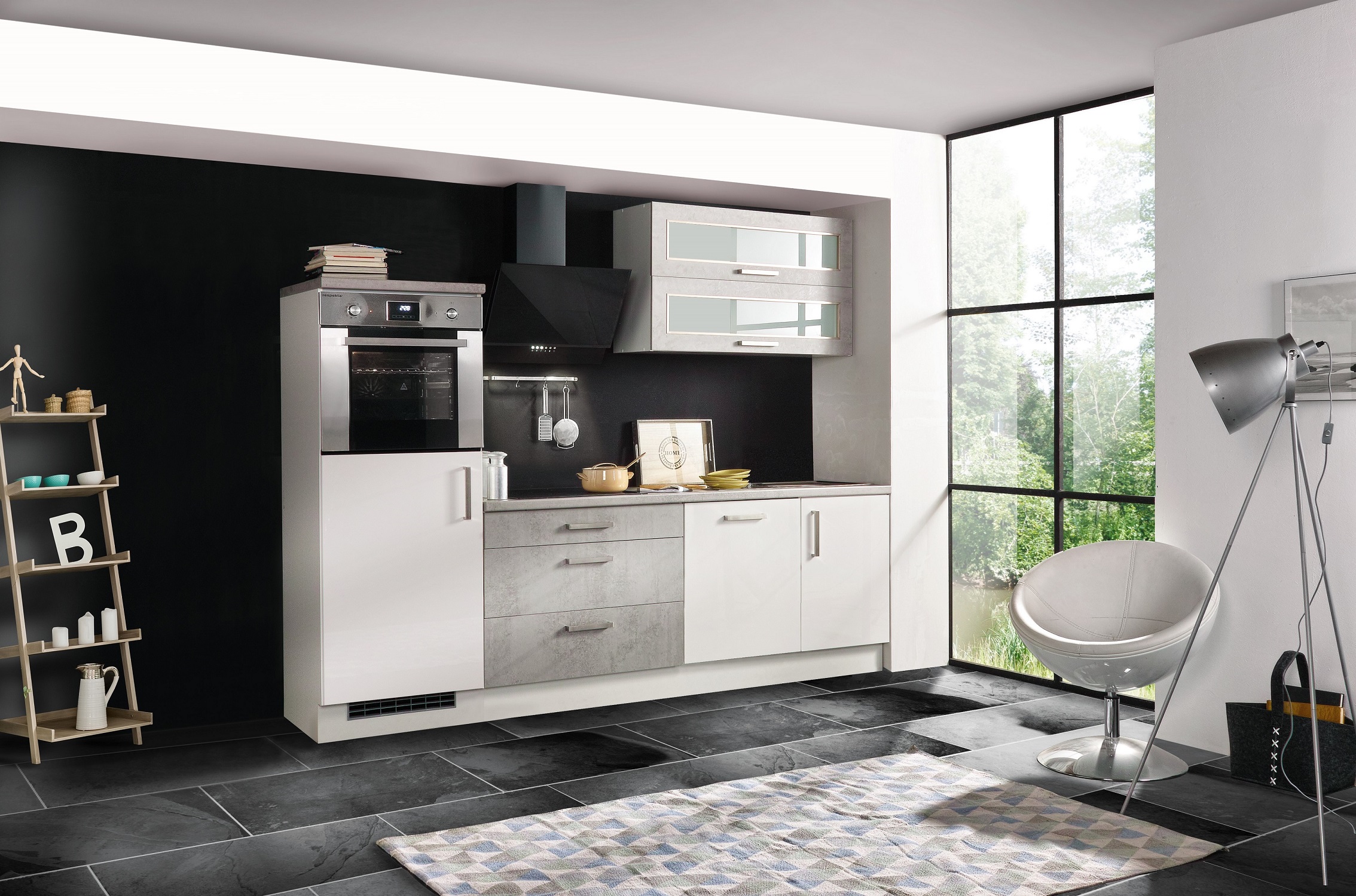 Küchenzeile Eco 260 cm Hochglanz oder Holzdekor mit Geschirr-Abtropfgestell 