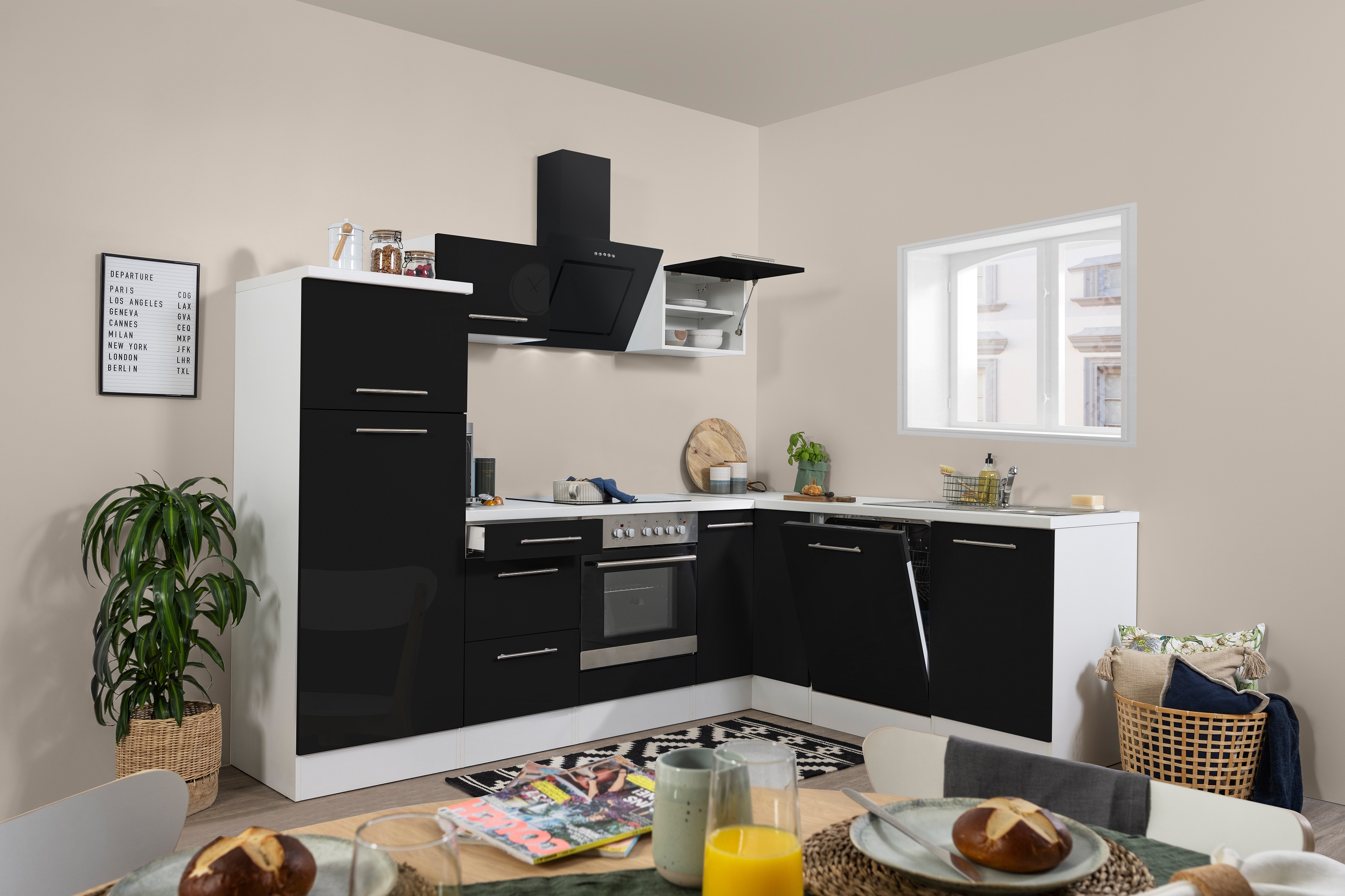 Winkelküche Küchenzeile Küche L-Form Einbauküche 260x200cm respekta weiß schwarz