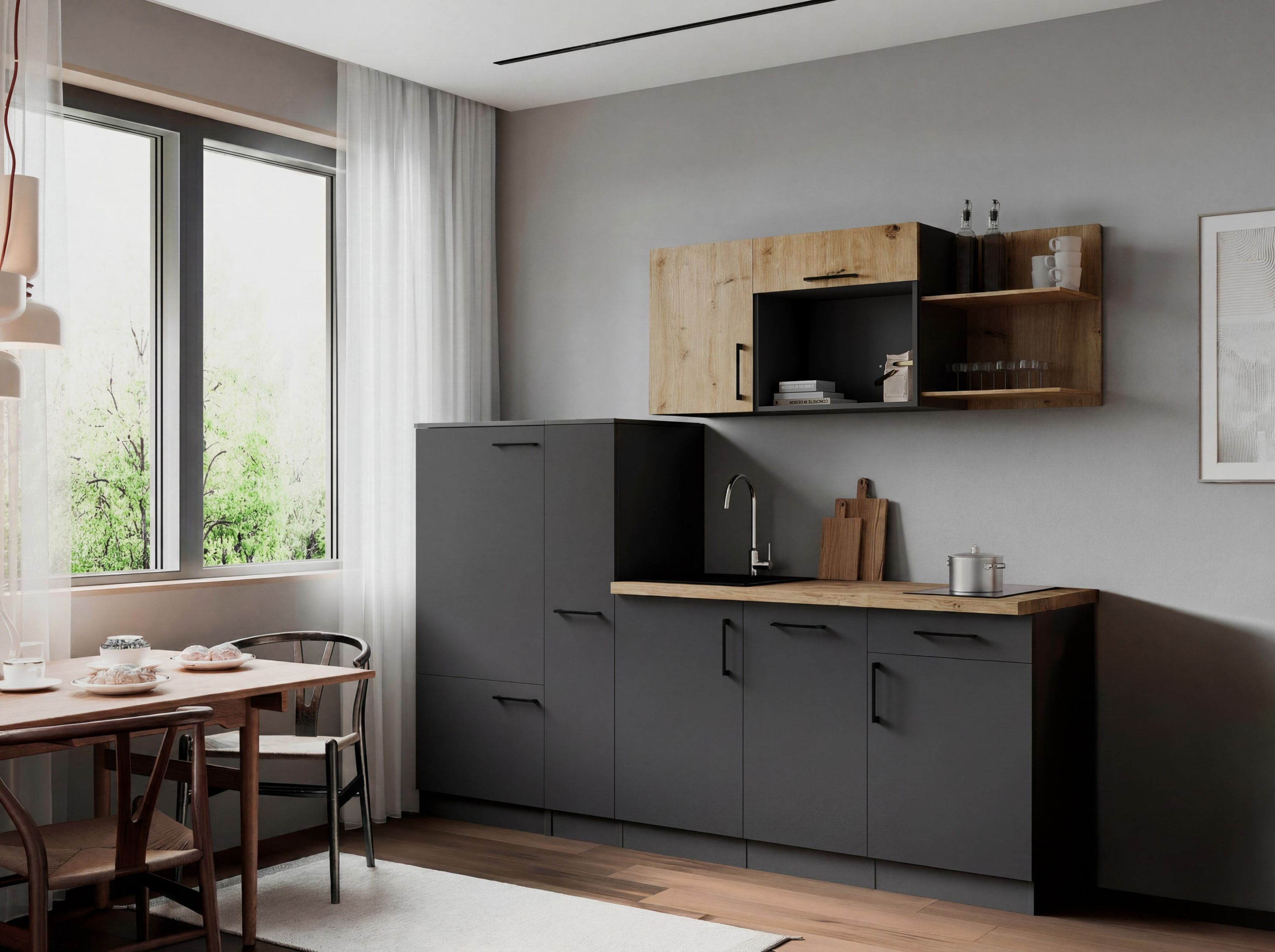 Respekta Küche Küchenzeile Oliver Singleküche 235 cm mit Fronten in – Grau Matt / Artisan Eiche Nachbildung