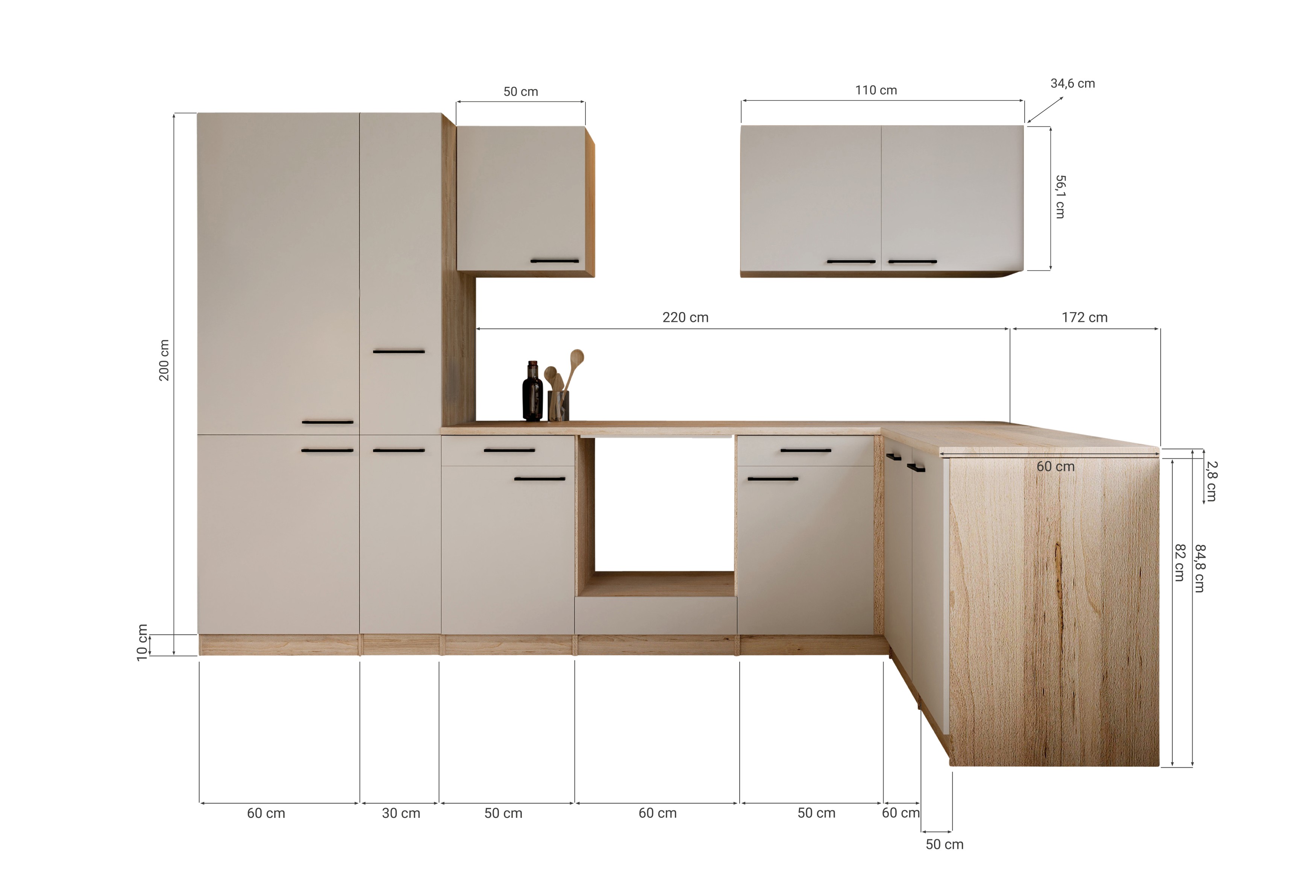 Respekta Winkelküche Leerblock Küchenzeile Merle 310 x 172 cm – Kaschmir / Eiche Sägerau Nachbildung