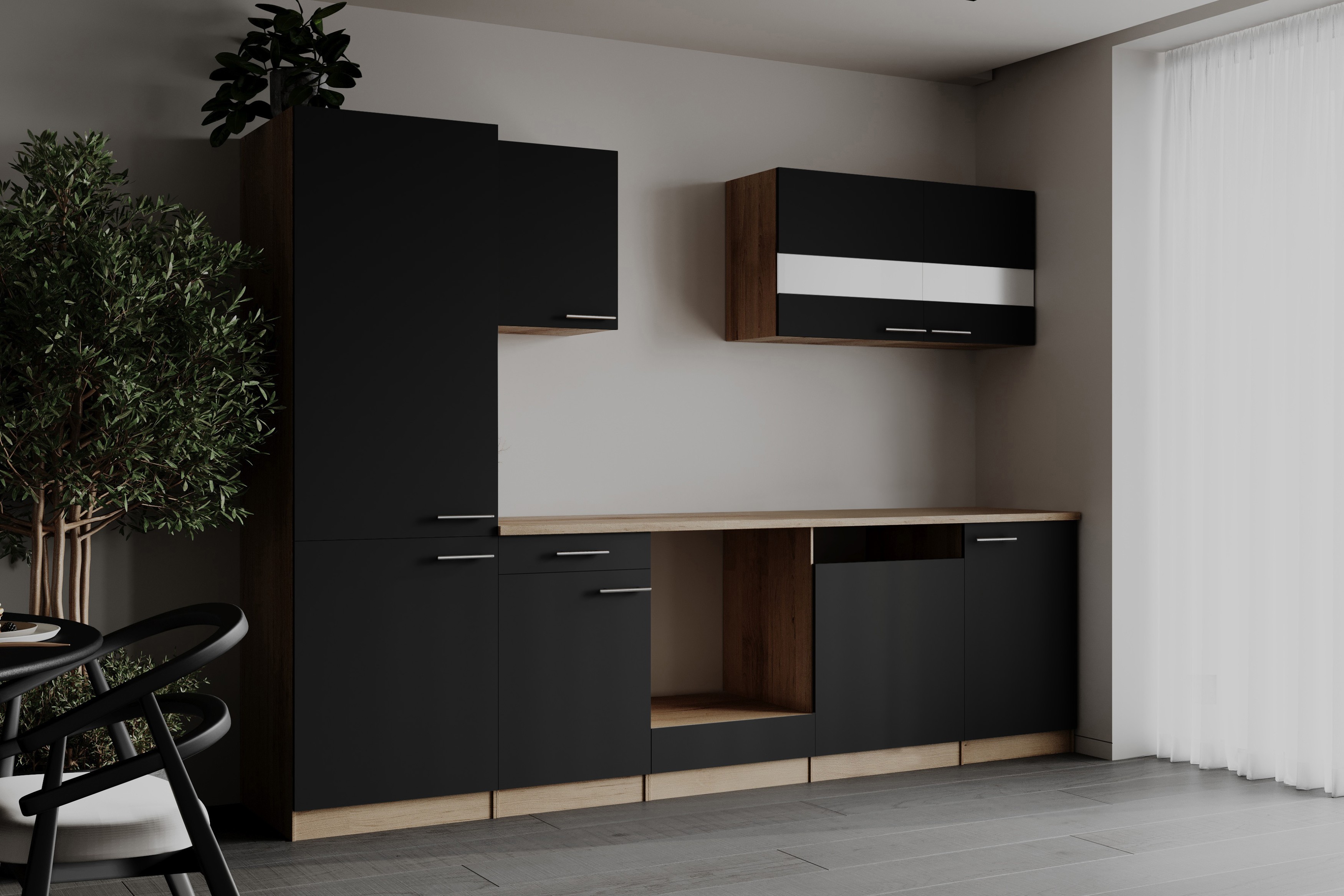 Einbauküche Küchenzeile Leerblock Eiche Sägerau Schwarz Merle 280 cm Respekta