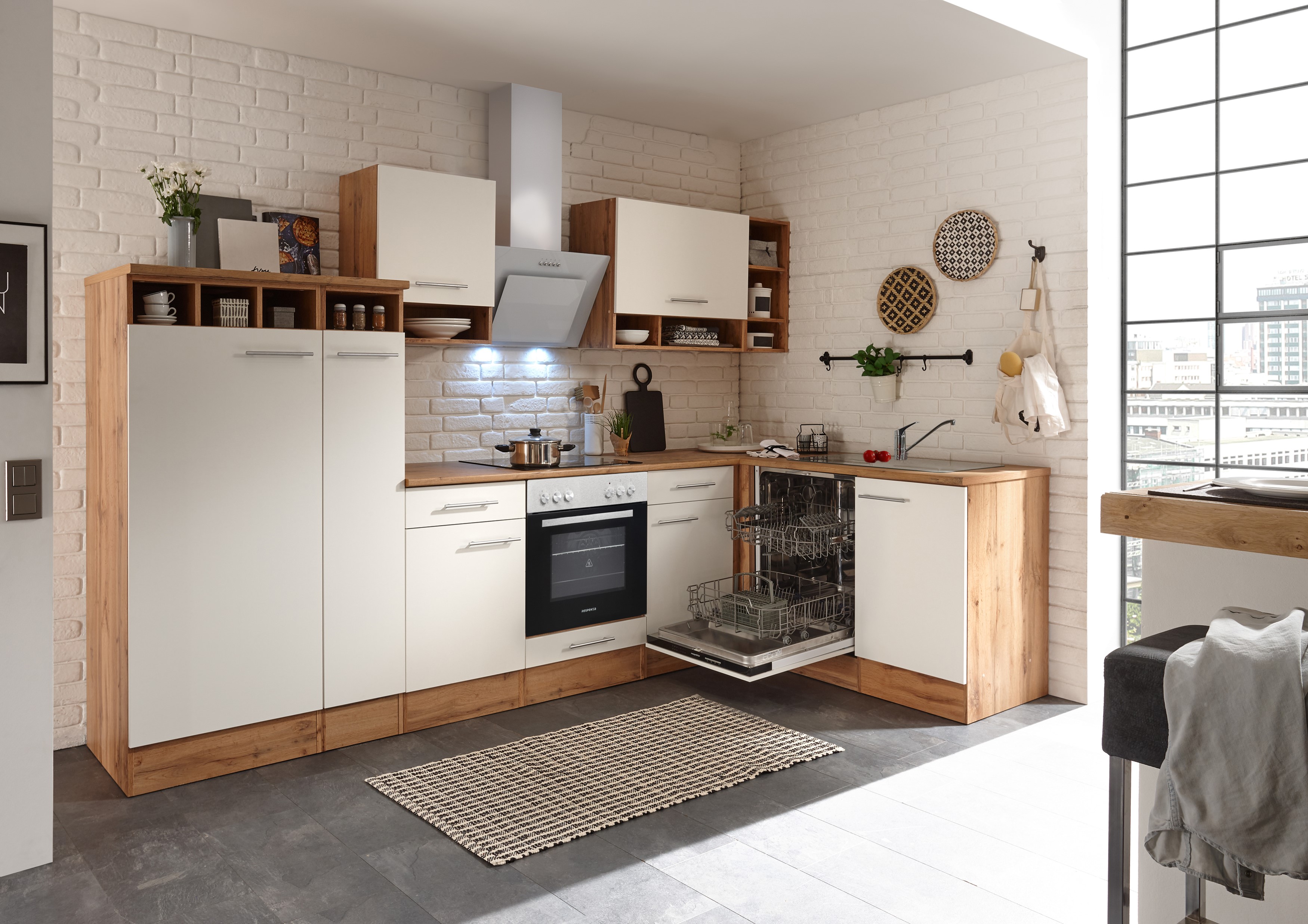 Angle kitchen kitchen unit L-shape kitchen fitted kitchen oak white 310x172 cm respekta