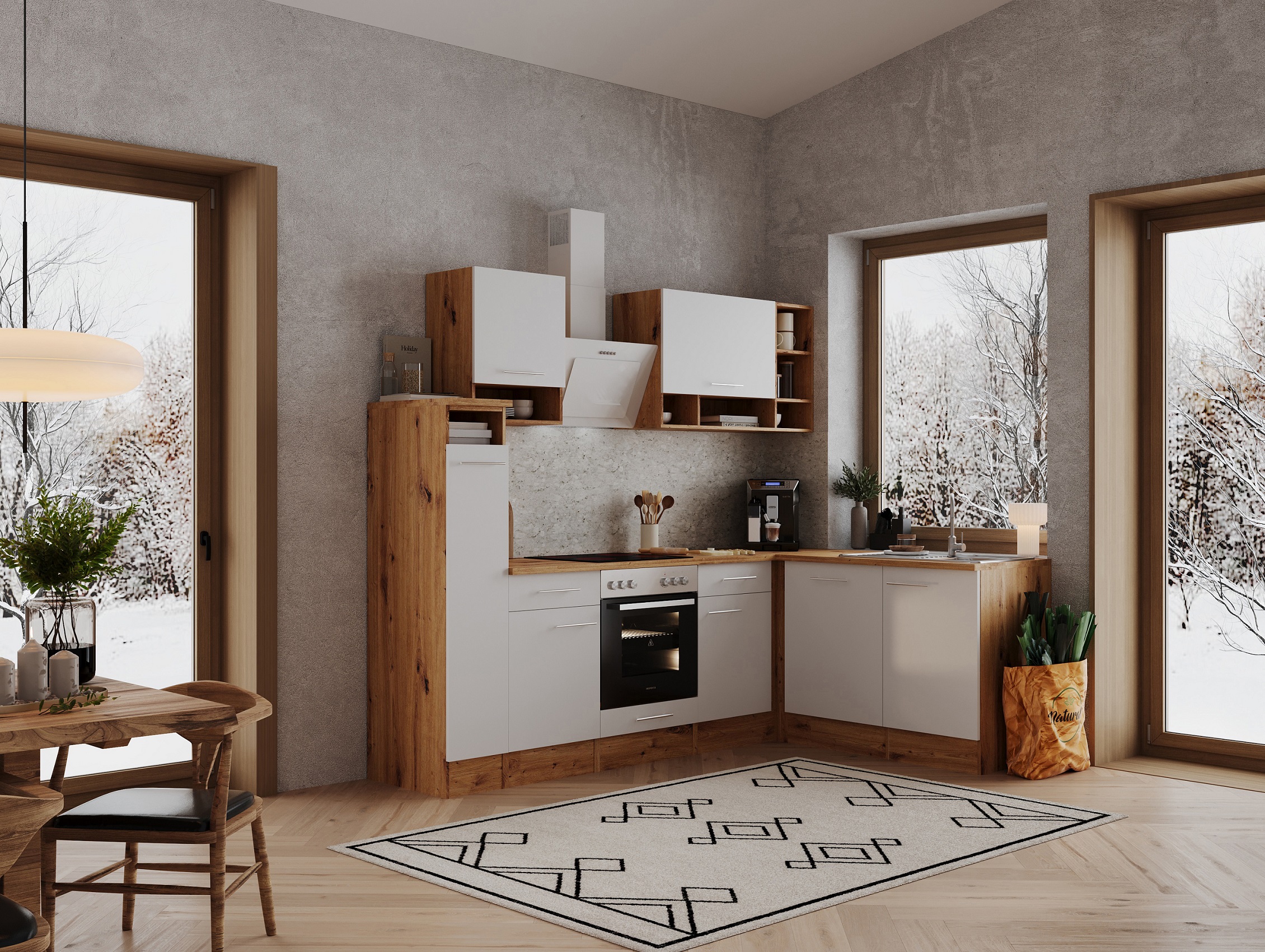 Küche Küchenzeile Küchenblock  Winkelküche Eiche Weiß Hilde 250x172 cm Respekta