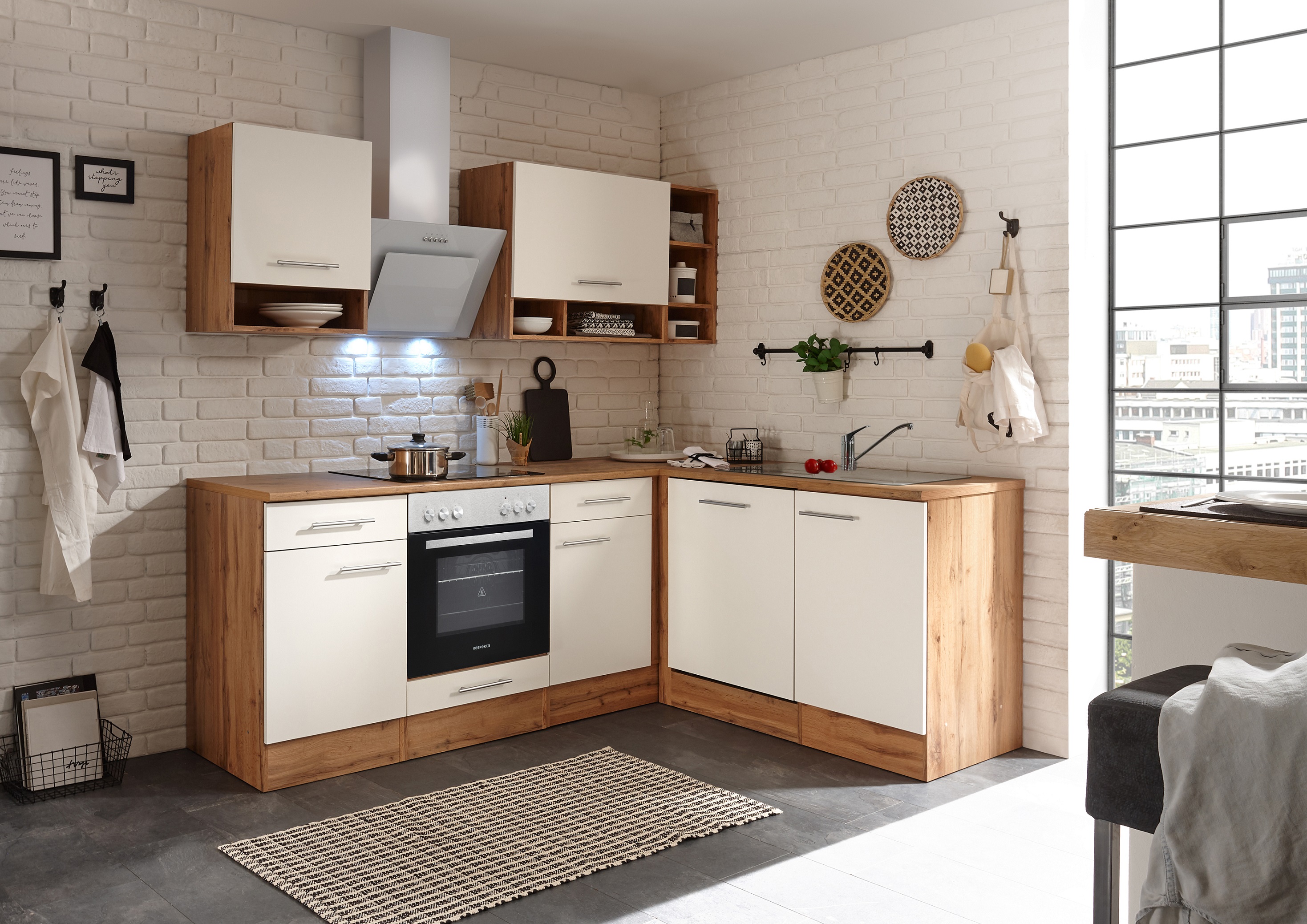 Angle kitchen kitchen unit L-shape kitchen fitted kitchen oak white 220x172 cm respekta