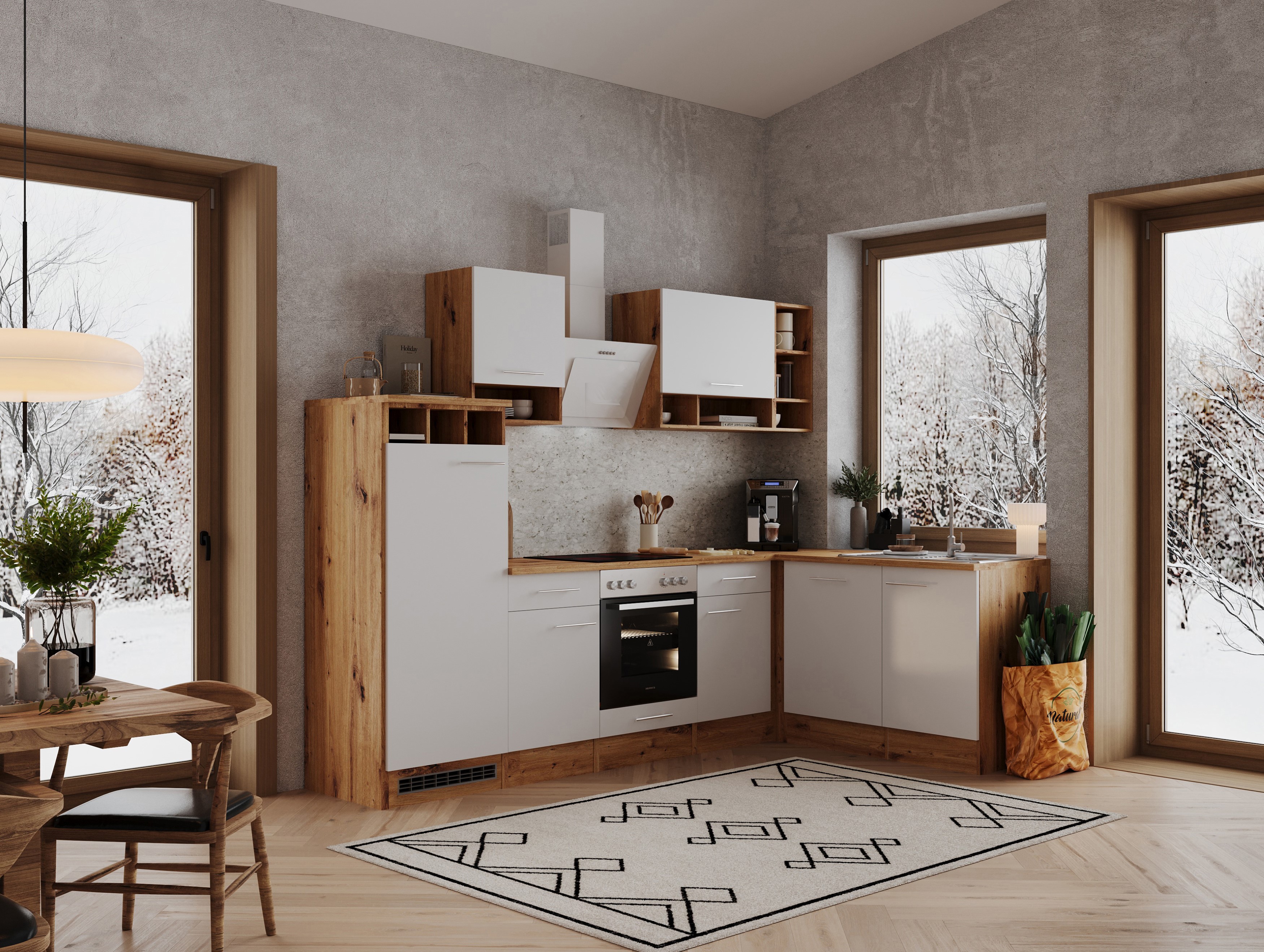 Küche Küchenzeile Leerblock  Winkelküche Eiche Weiß Hilde 280x172 cm Respekta