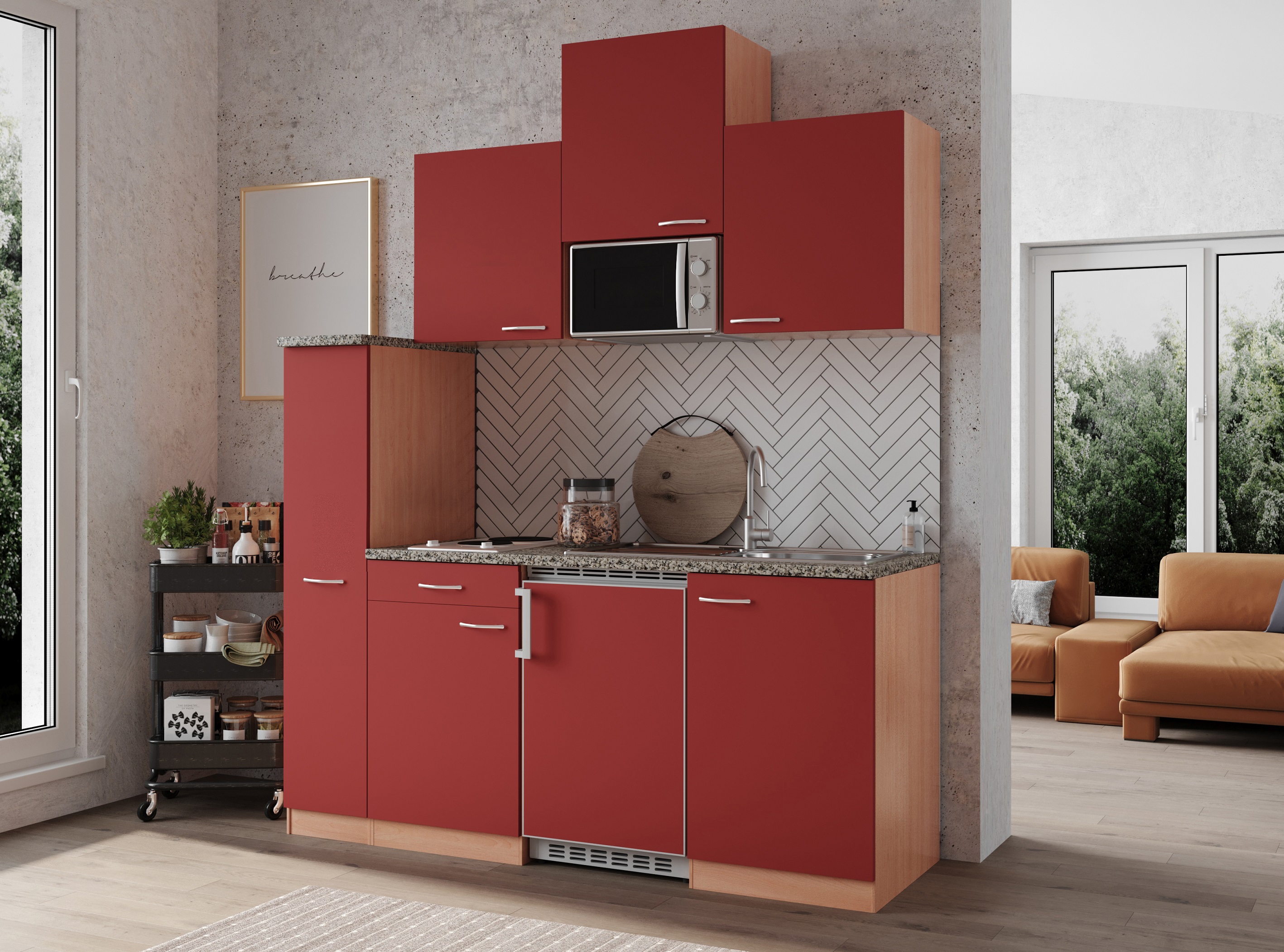 Küche Miniküche Singleküche Küchenzeile Einbau Buche Rot Gerda 180 cm Respekta
