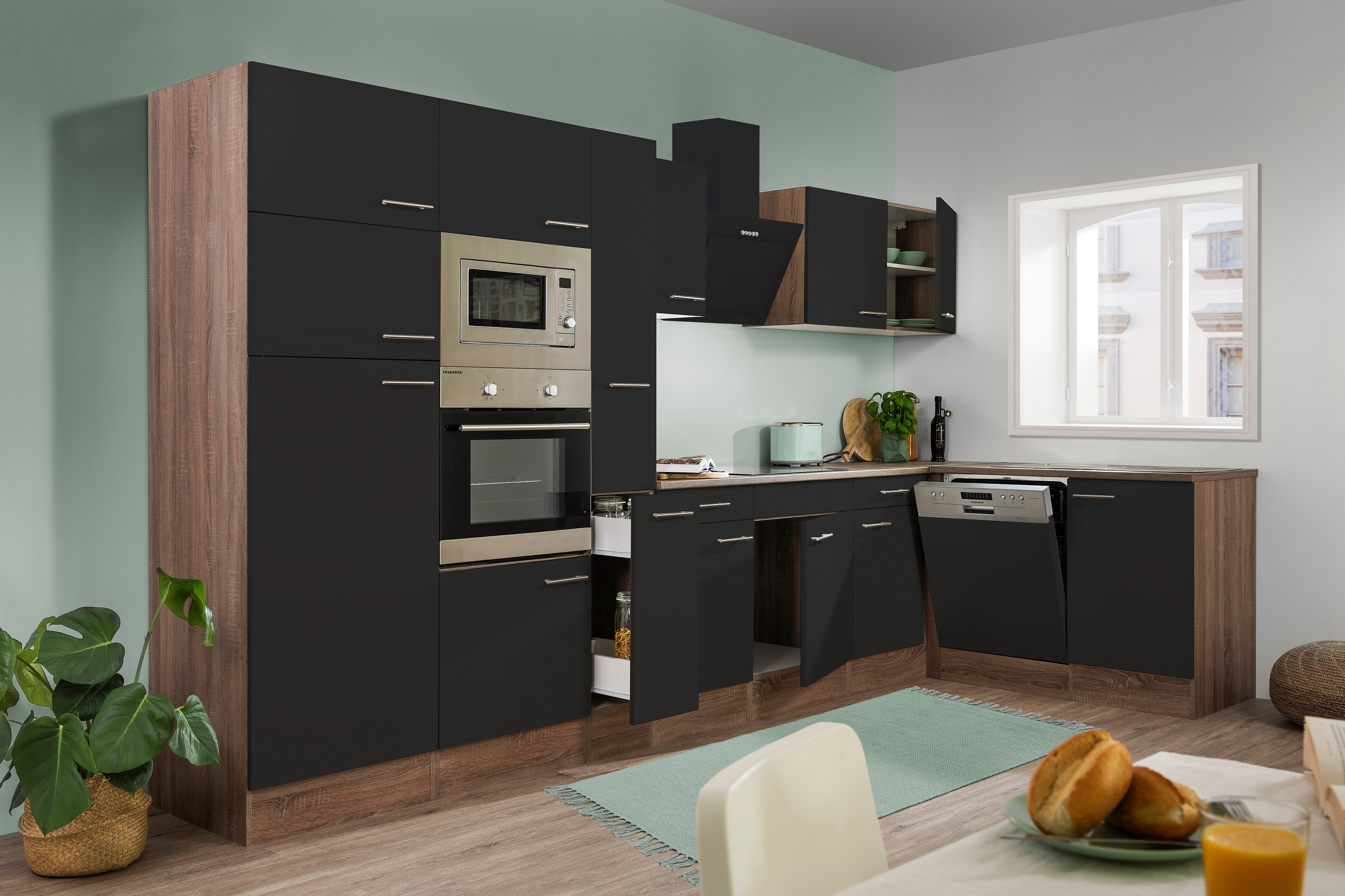 Küche Küchenzeile  Winkelküche Eiche York schwarz Oliver 370 x 172 cm Respekta
