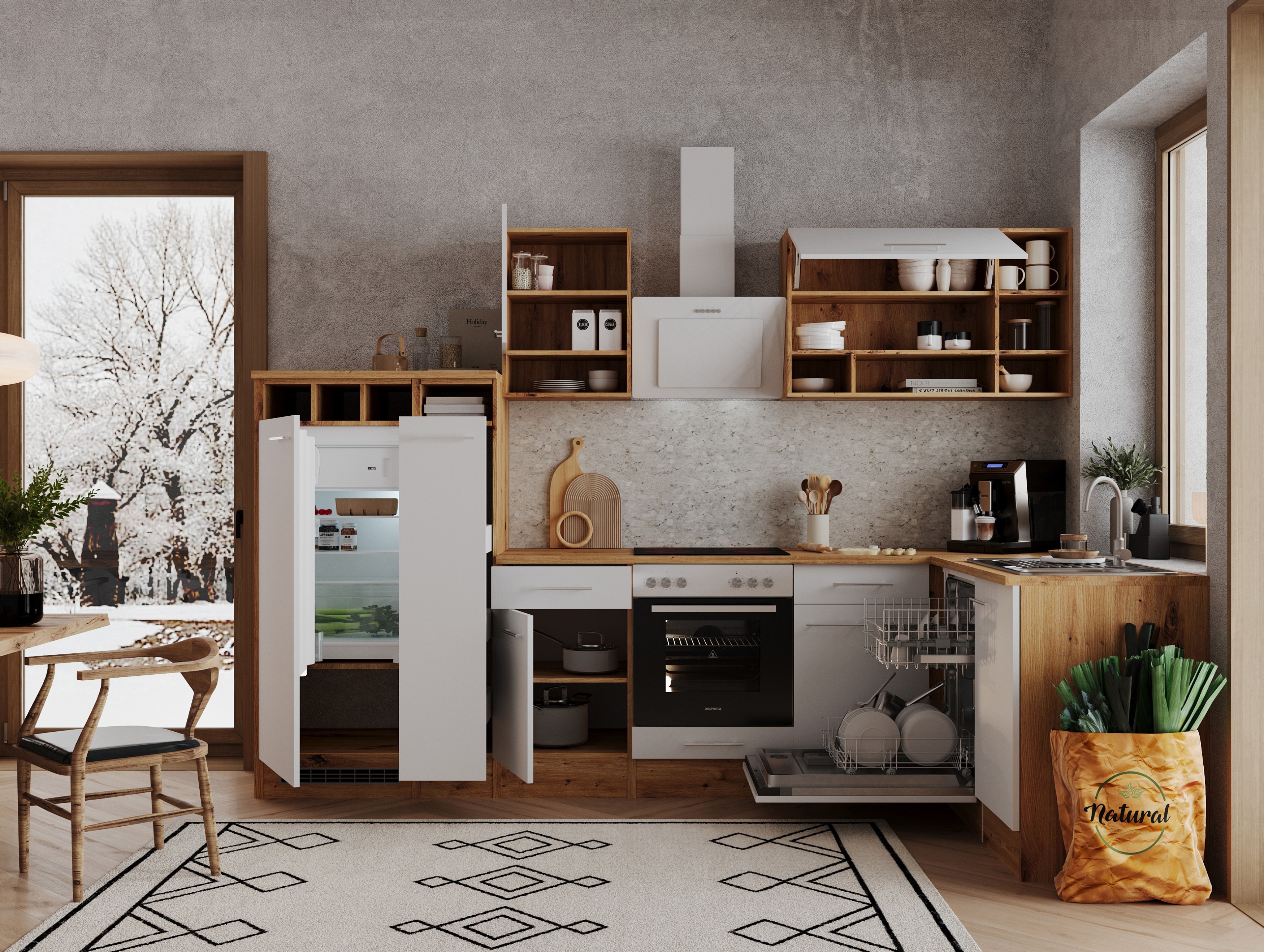 Angle kitchen kitchen unit L-shape kitchen fitted kitchen oak white 310x172 cm respekta