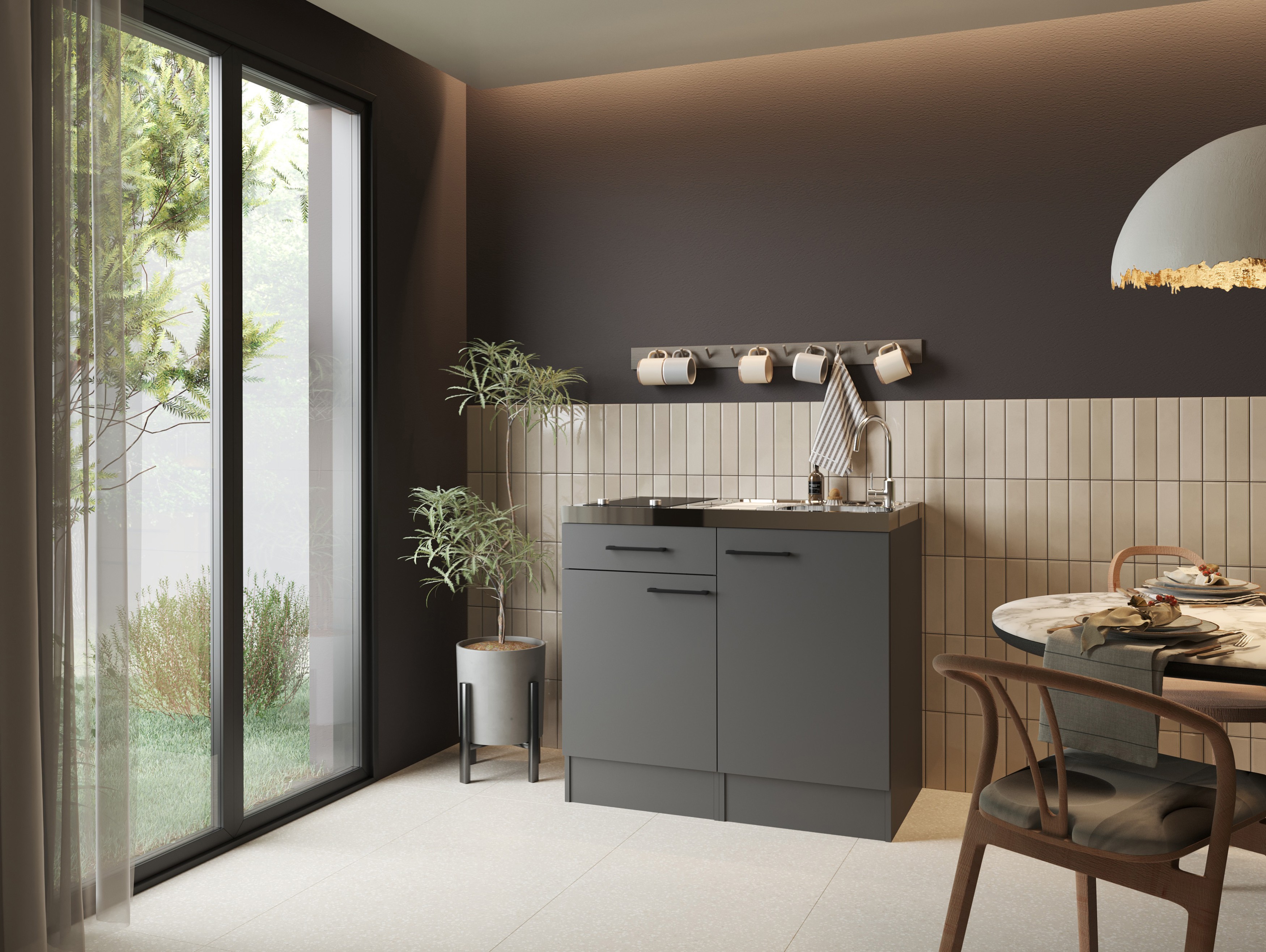 Miniküche Singleküche Küche Pantry 100 cm Grau Matt Oliver Respekta