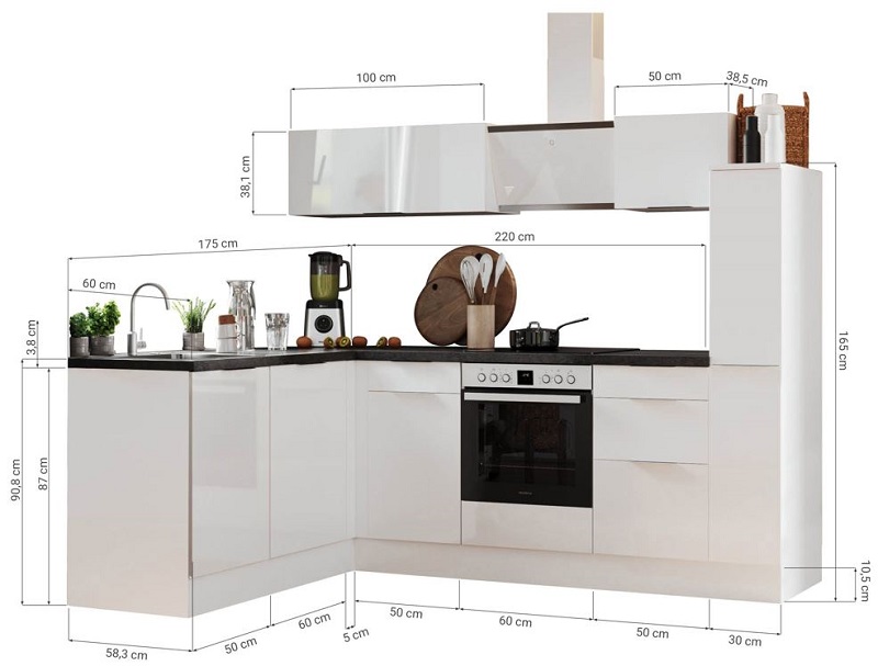 Küche vormontierte L - Küche 250 x 175 cm wechselseitig aufbaubar incl. Geräte Respekta Selection Elisabeth Grau  Weiß