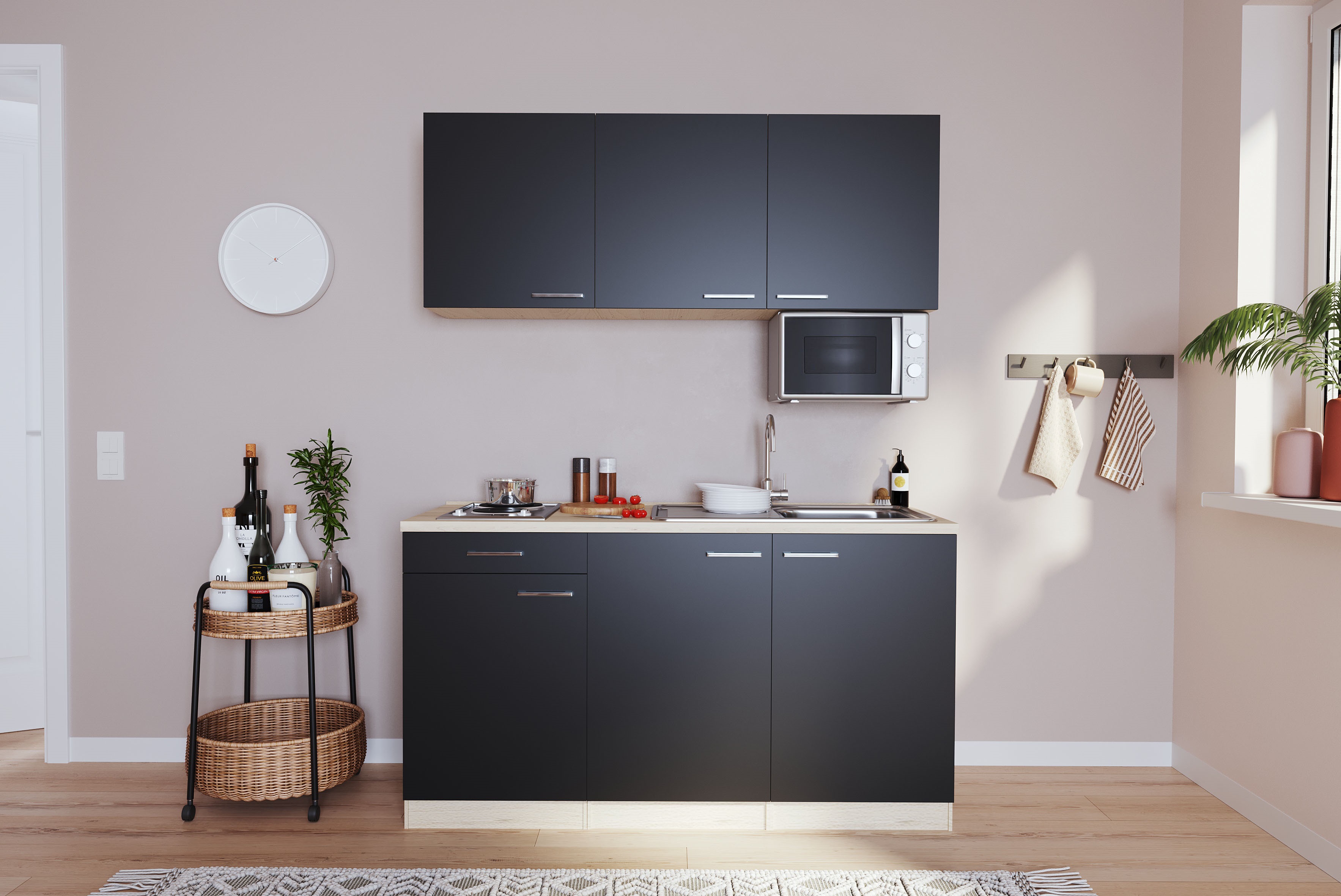 Küche Miniküche Single Eiche  Schwarz ohne Kühlschrank  Luis 150 cm Respekta
