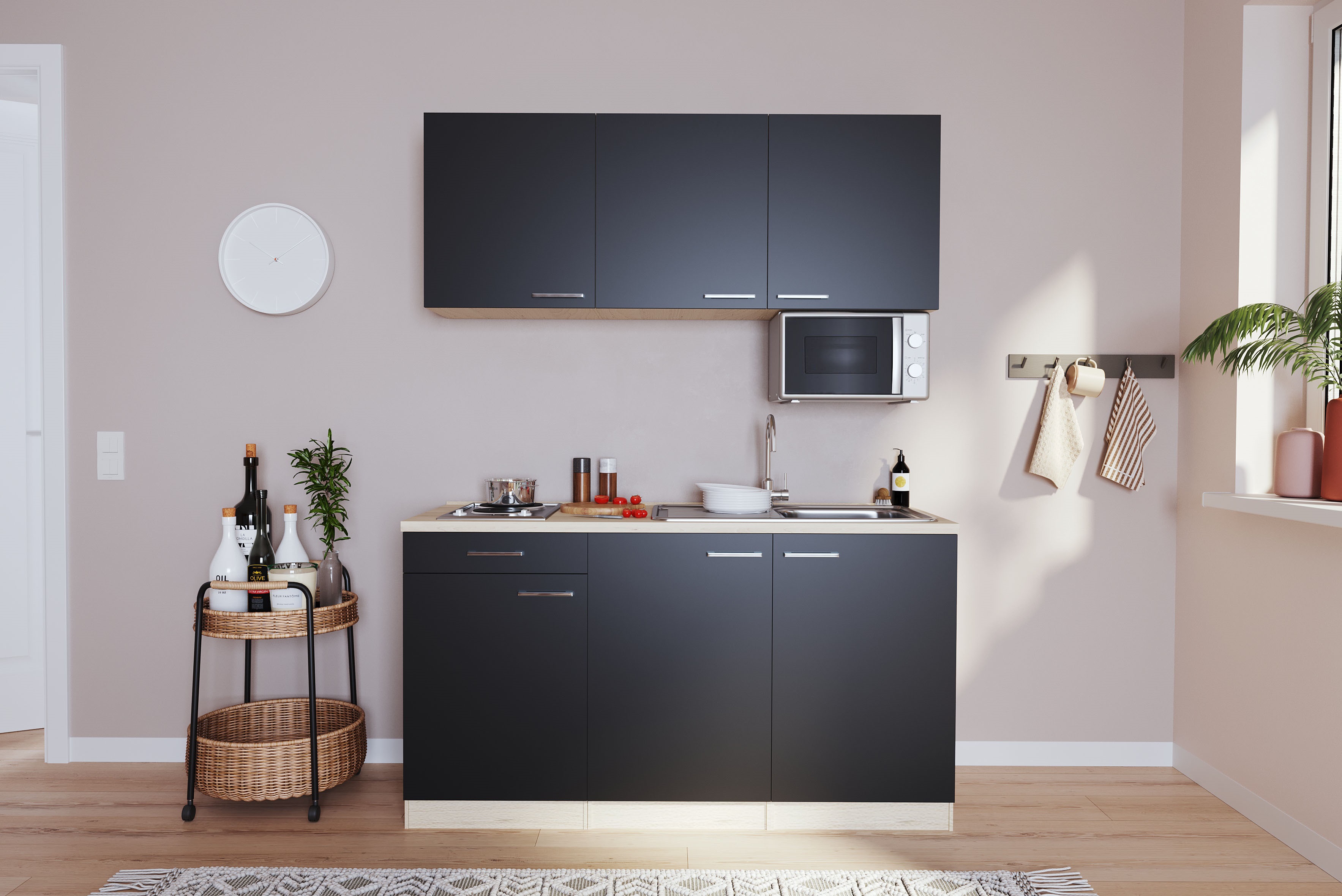 Mini cucina Respecta Luis 150 cm rovere segato grezzo nero senza frigorifero singolo