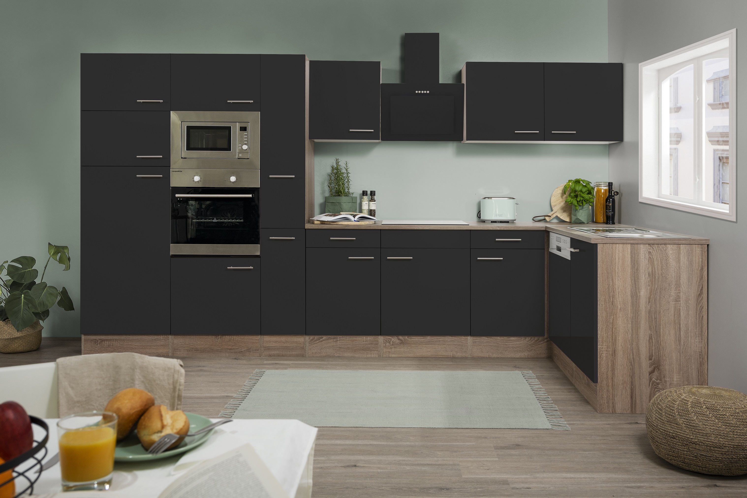 respekta Küchenzeile Küche Winkelküche L-Form Küche Eiche York schwarz  370x172cm