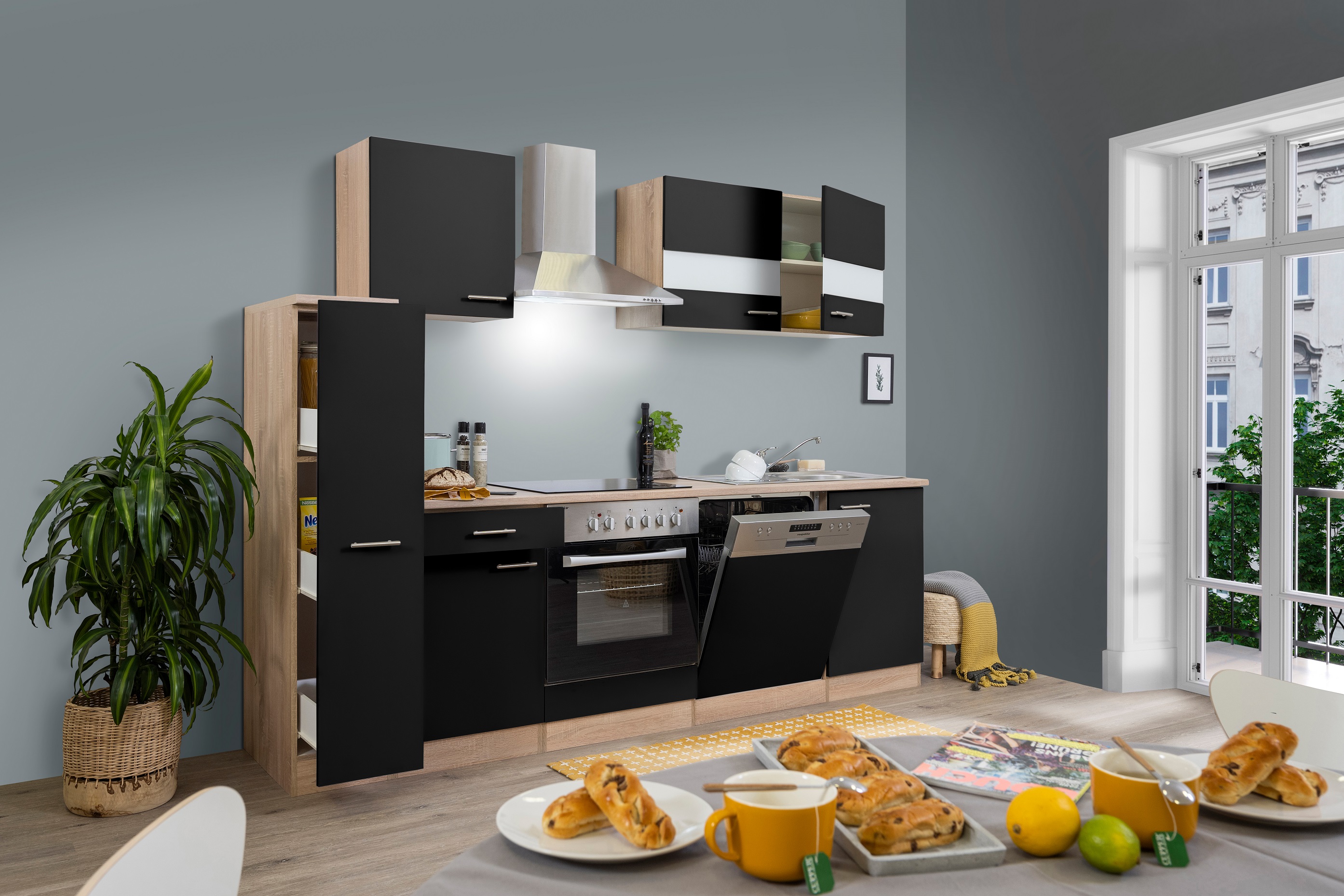 respekta Küche Küchenzeile Küchenblock Einbauküche 250 cm Eiche Sägerau schwarz