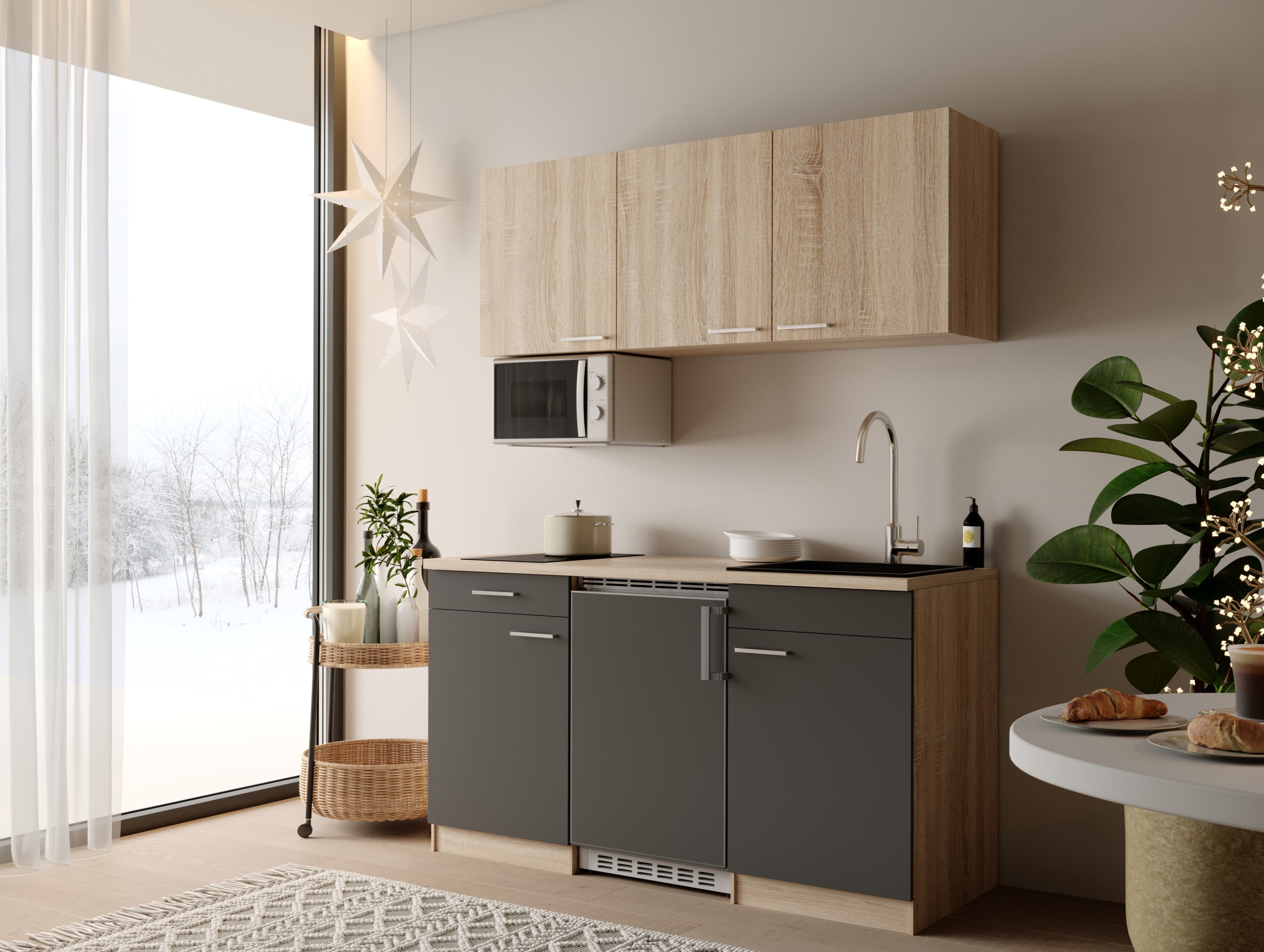 Küche Küchenzeile Einbauküche Singleküche Eiche Grau Ingrid 150 cm Respekta