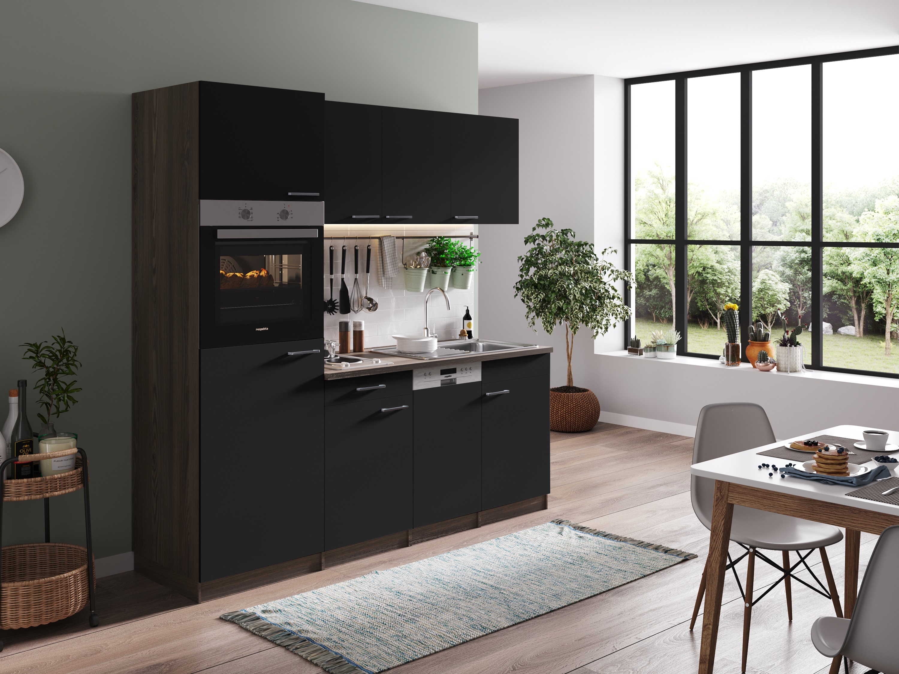 respekta cucina blocco cucina cucina singola cucina 205 cm York rovere nero