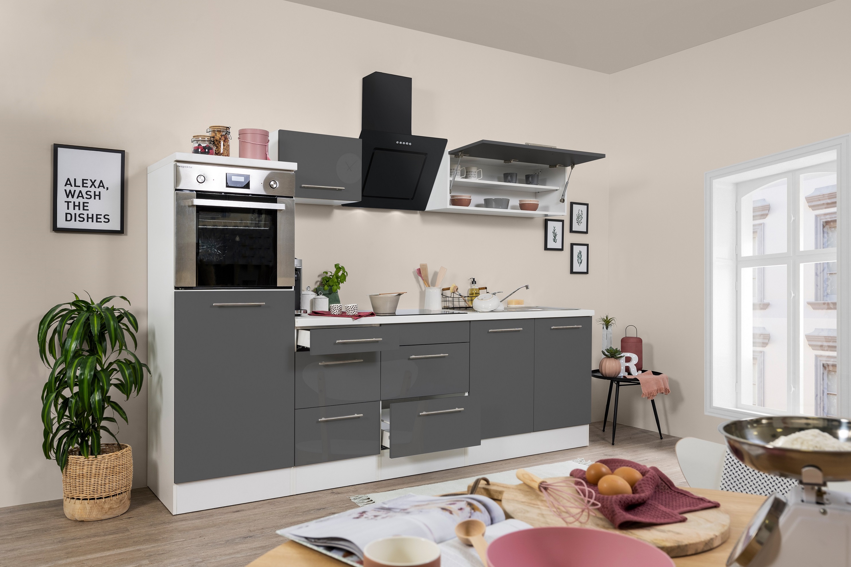 respekta Küchenzeile Küche Küchenblock Einbauküche 270cm Hochglanz weiß grau