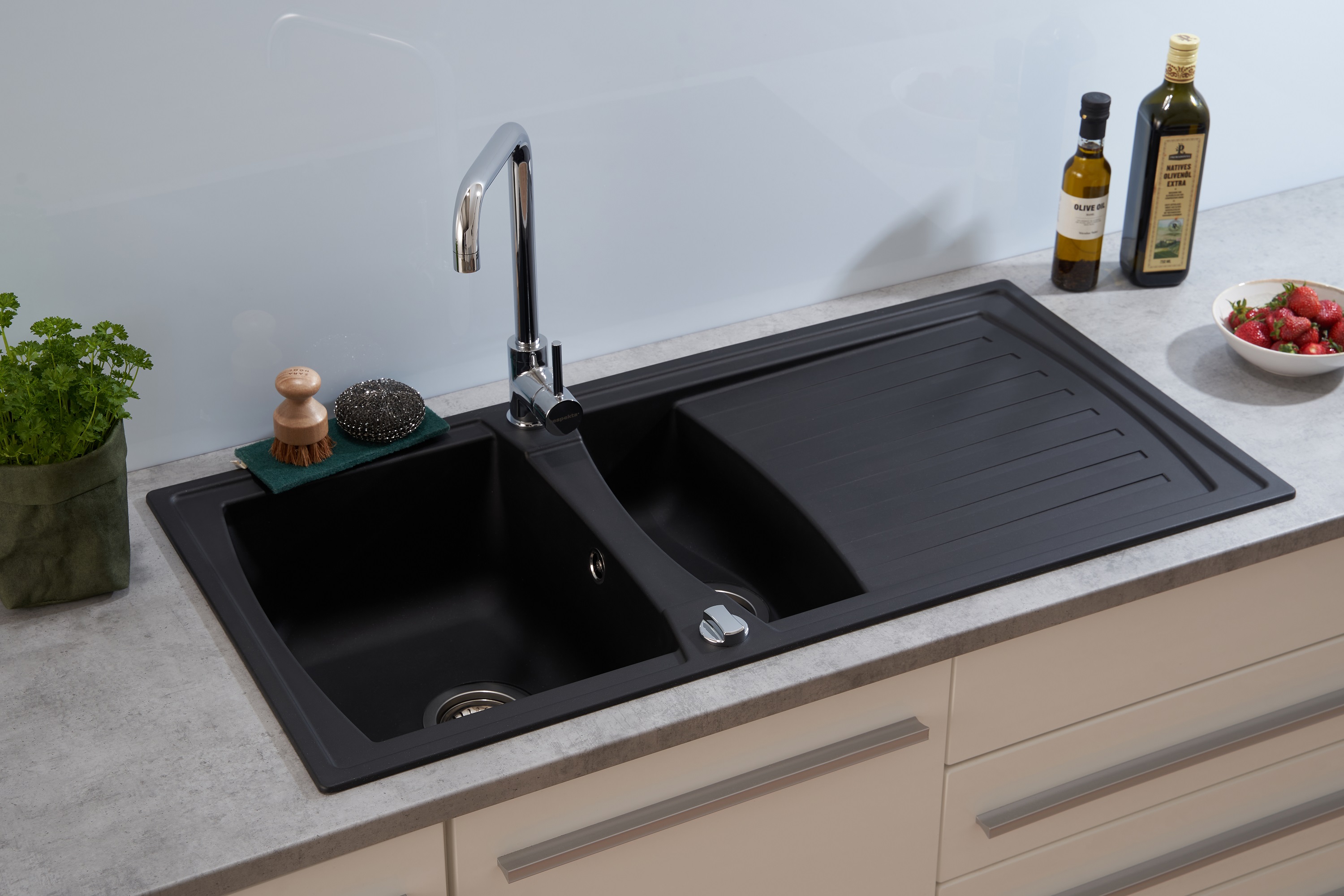 Verpackungsschaden Küchenspüle Einbauspüle Spüle Granit Mineralite 100 x 50 Schwarz Respekta Boston