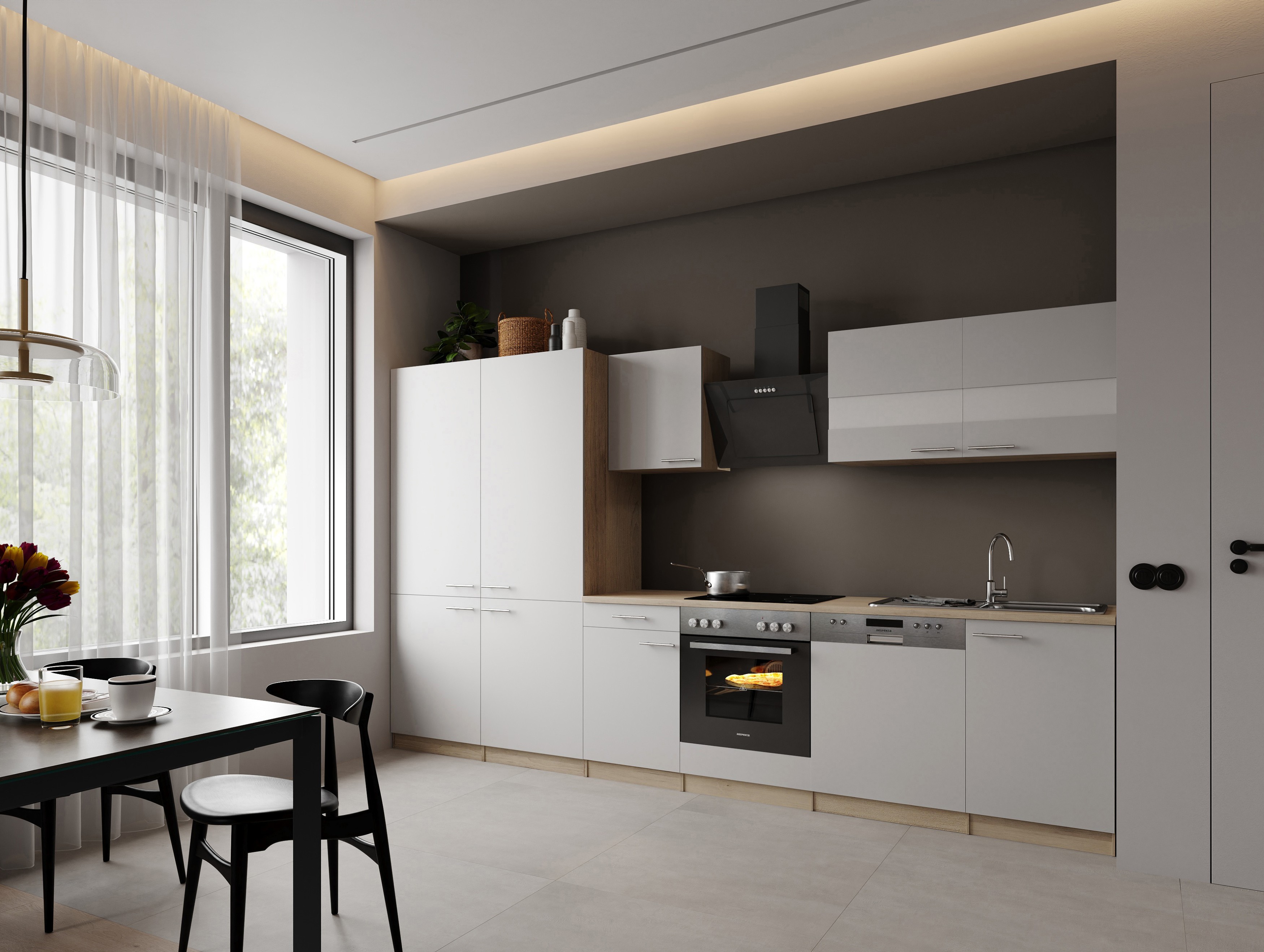 Einbauküche Küchenzeile Eiche Sägerau Weiß Merle 340 cm French Door Respekta