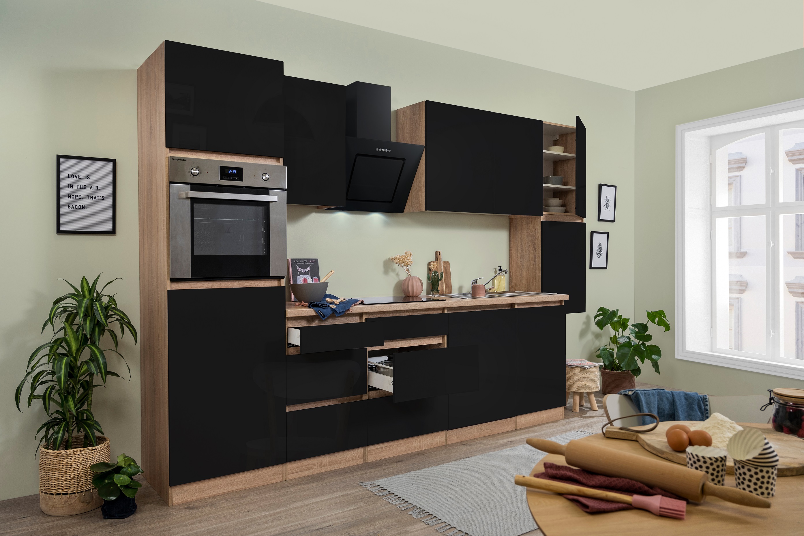 respekta kitchen kitchen block handleless kitchen unit 330 cm oak sonoma black