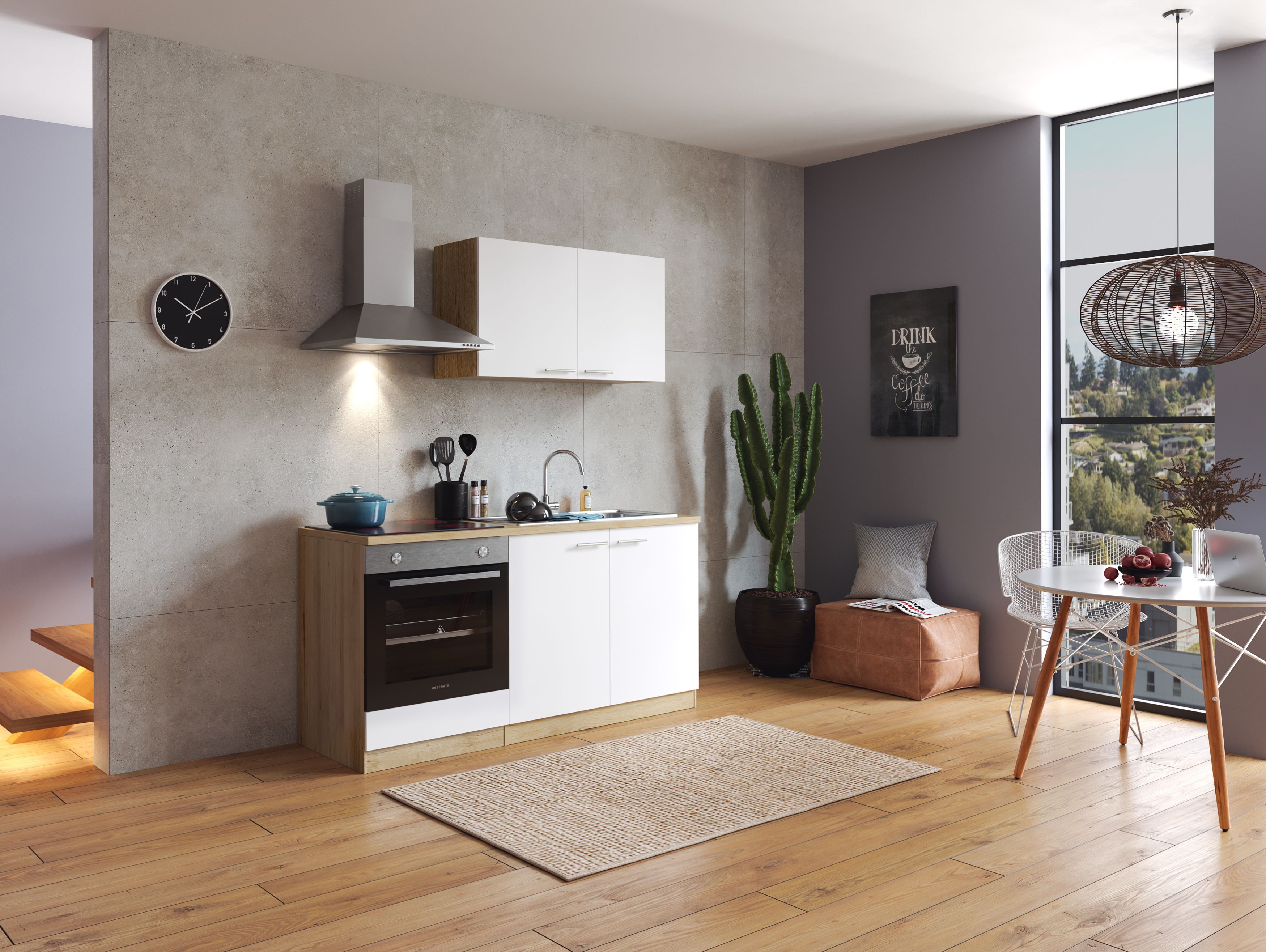 Küche Küchenzeile Eiche Weiß Merle 160 Induktion cm Respekta