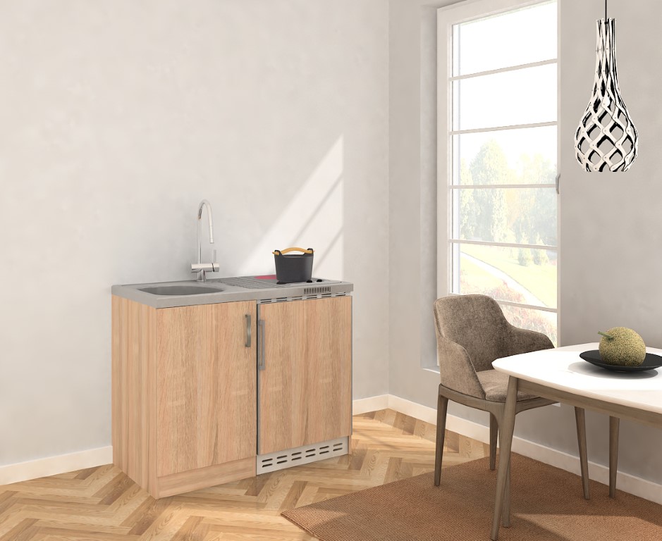 Respekta Levin Miniküche Küche Küchenzeile Pantry Küchenblock 100 cm Eiche Sägerau
