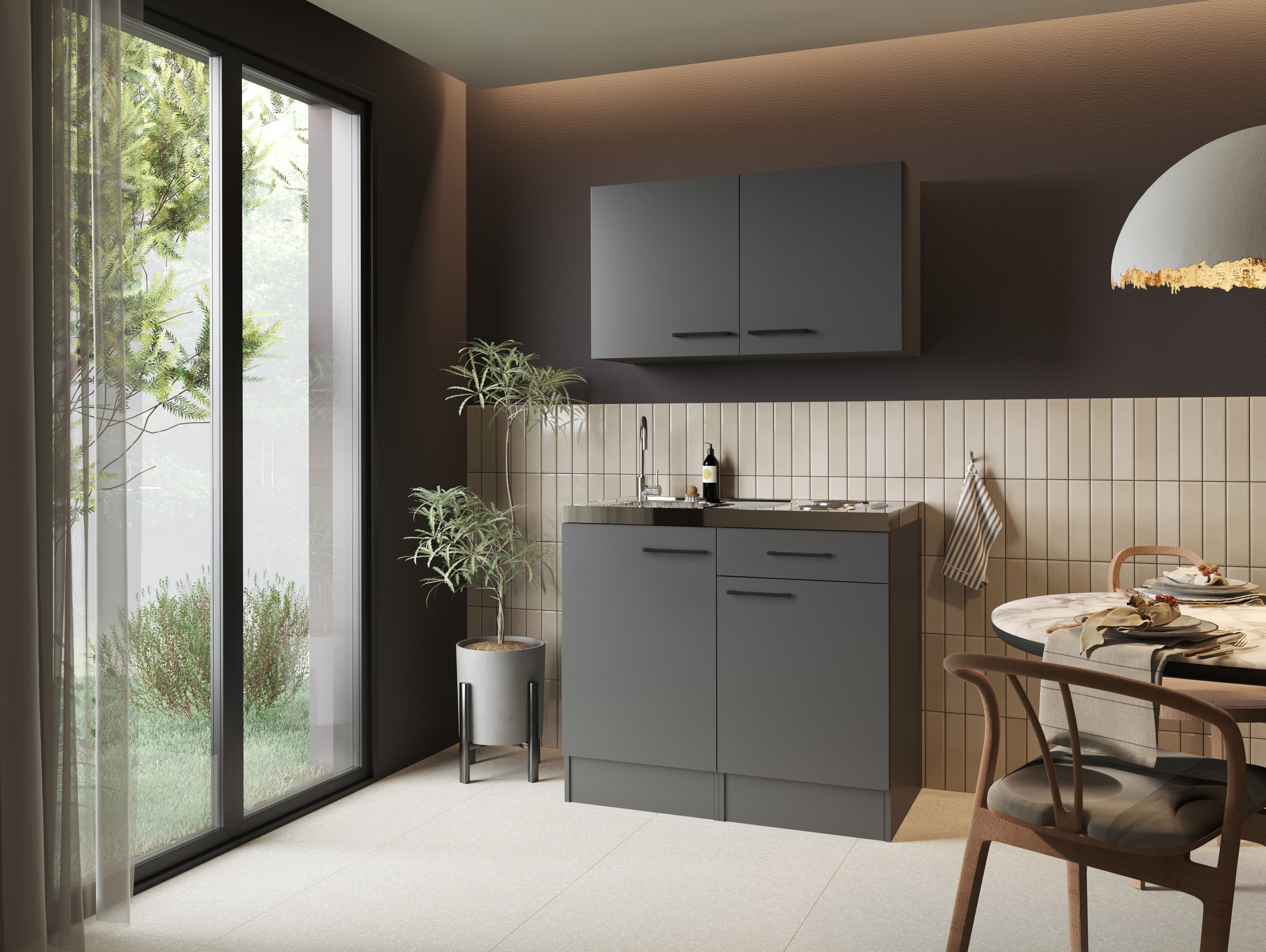 Miniküche Singleküche Küche Pantry Set 100 cm Grau Matt Oliver Respekta