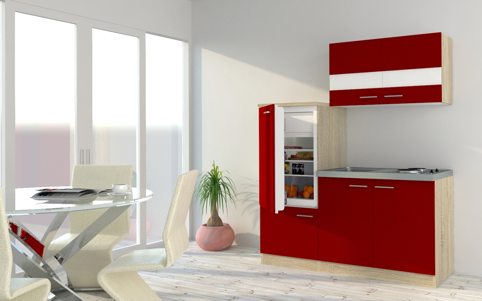 Küche Miniküche Single Eiche Rot  Kühlschrank Luis 160 cm Respekta