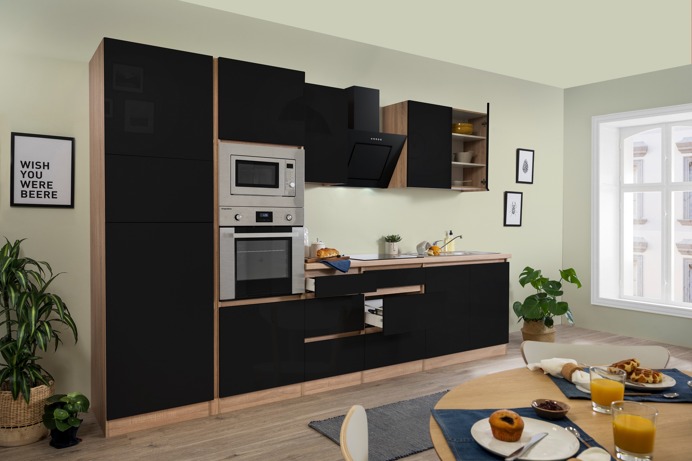 respekta Küchenzeile Küchenblock grifflose Küche 335 cm Eiche Sonoma schwarz