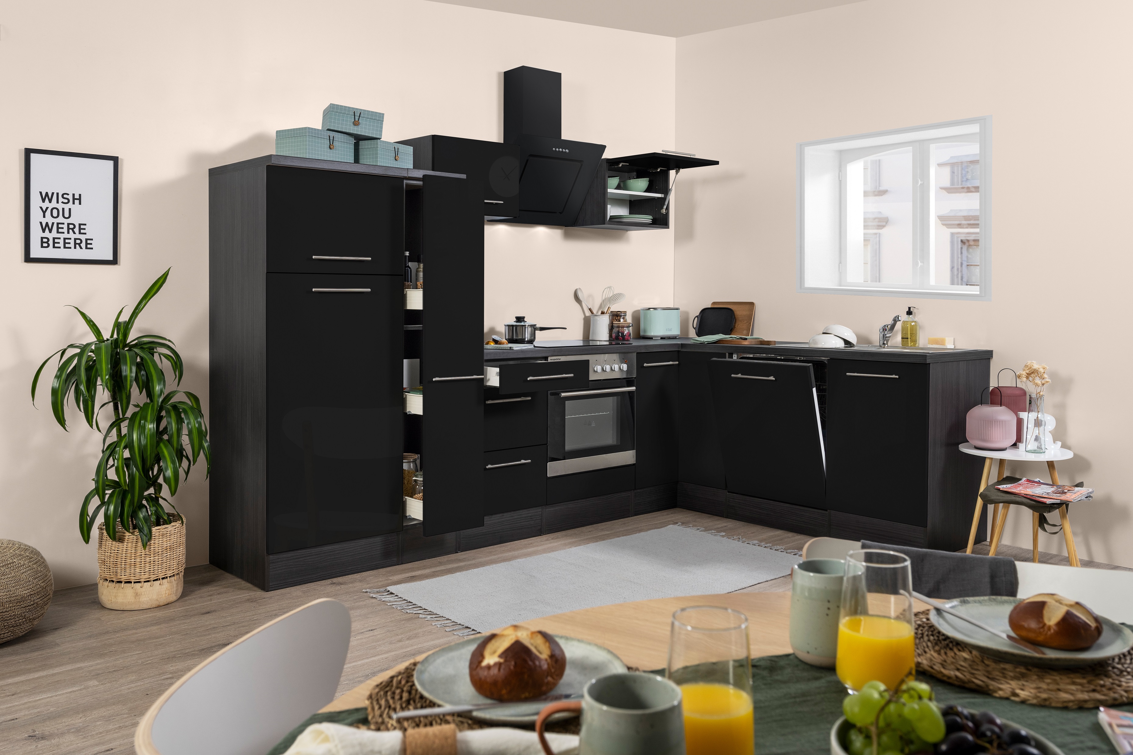 Winkelküche Küchenzeile L-Form Küche Einbau Eiche schwarz 290 x 200 cm respekta