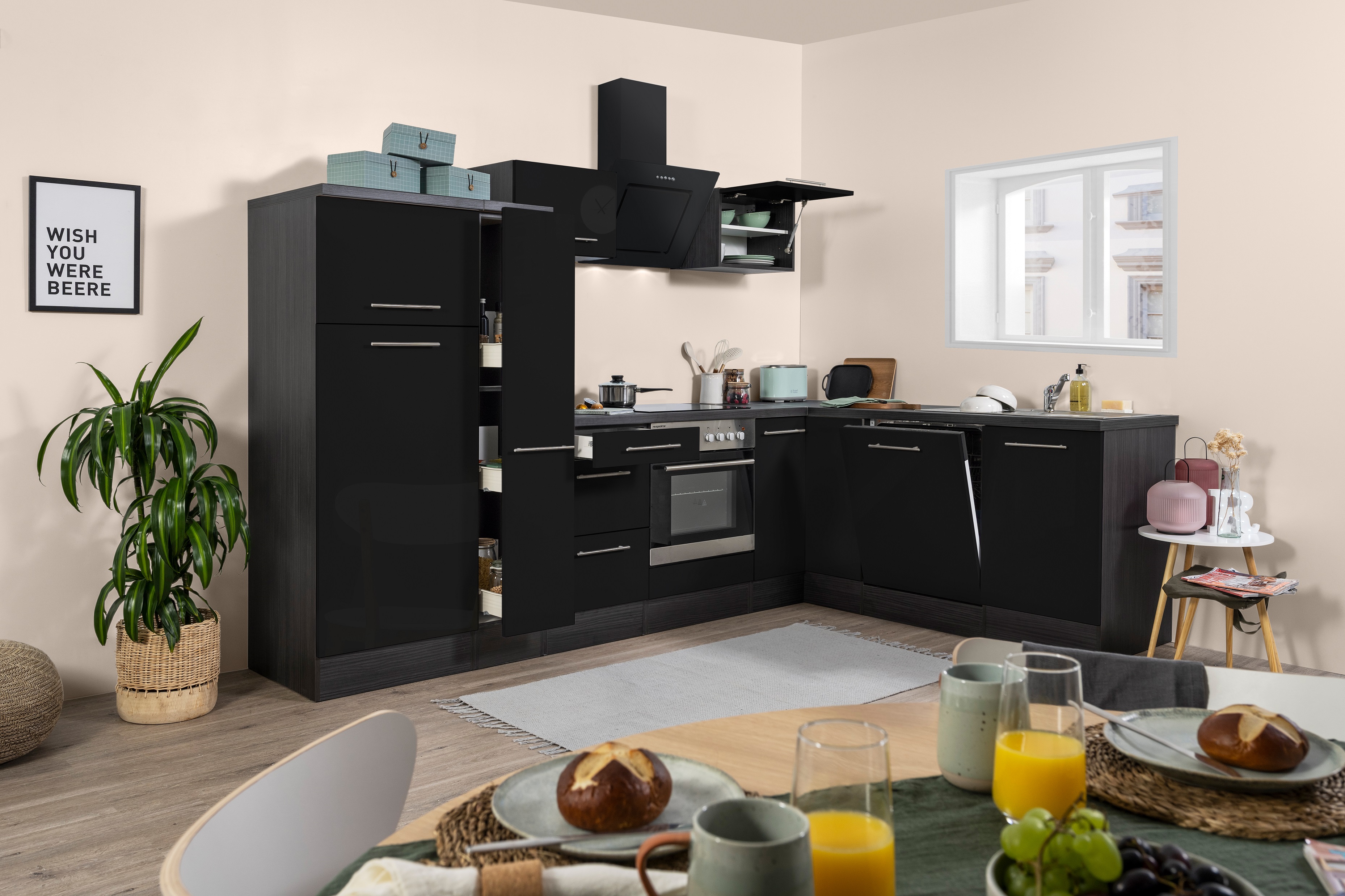 Angle kitchen kitchen unit L-shape kitchen built-in oak black 290 x 200 cm respekta