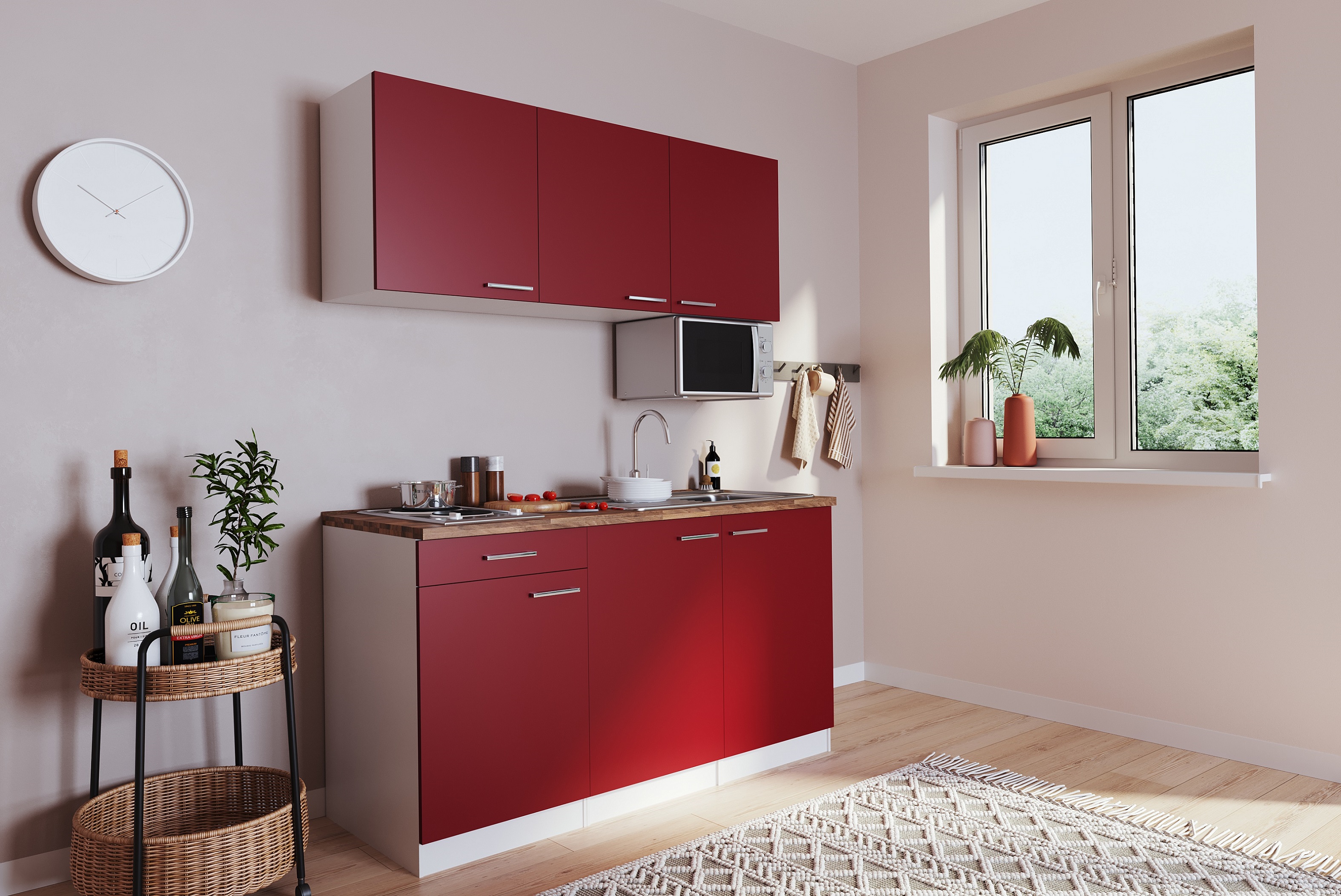 Respekta Miniküche Luis 150 cm weiß rot ohne Kühlschrank Singleküche Küche