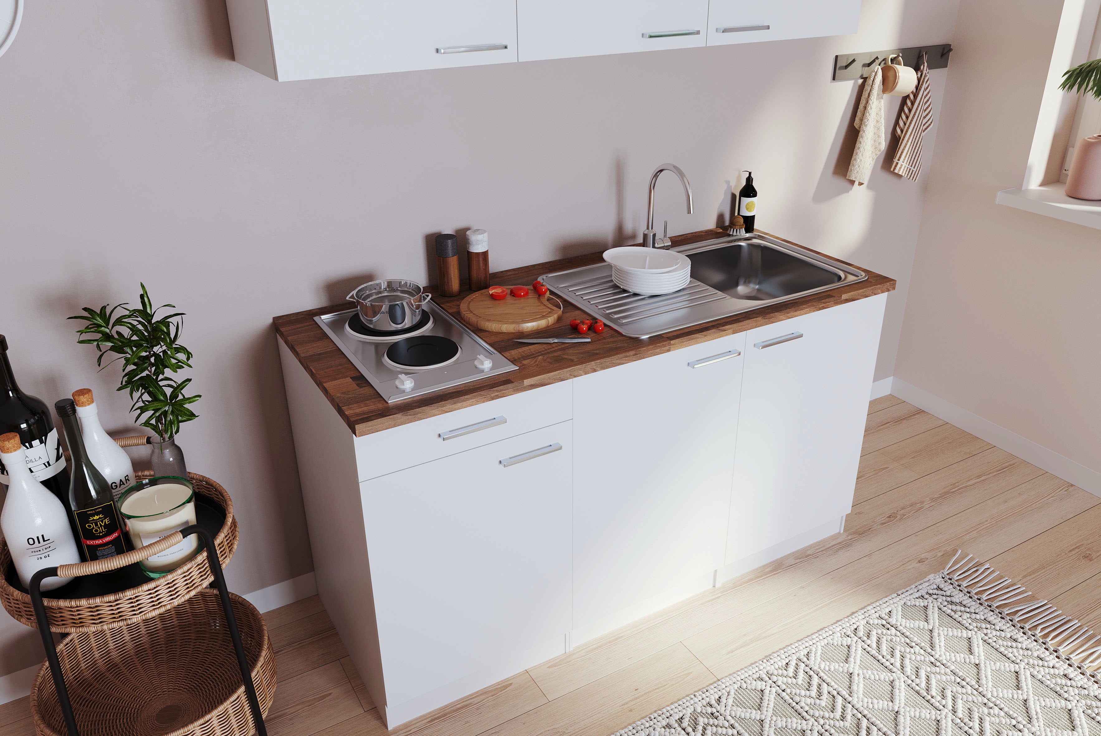 Respekta Miniküche Luis 150 cm weiß weiß ohne Kühlschrank Singleküche Küche
