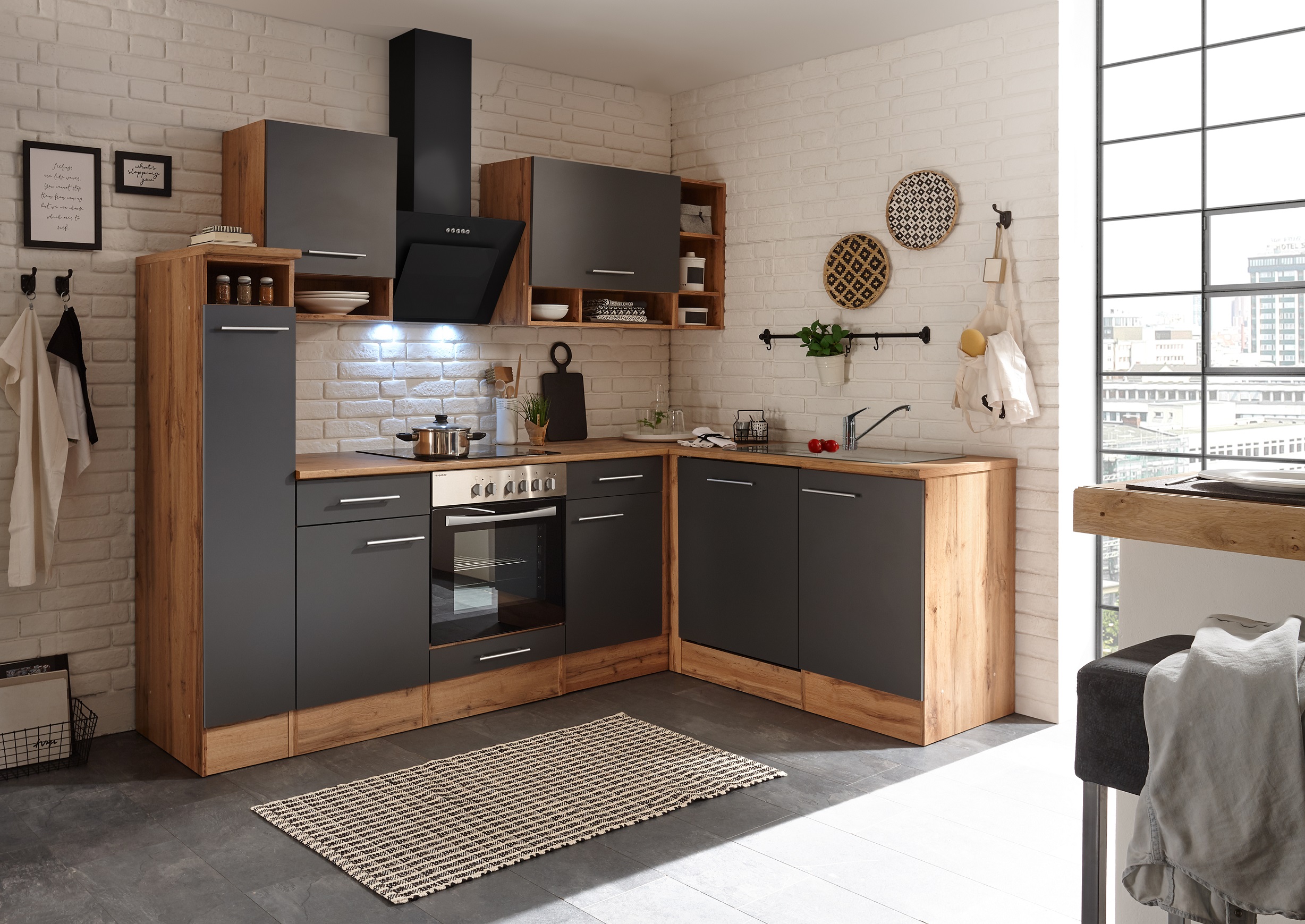 Winkelküche Küchenzeile L-Form Küche Einbauküche Eiche grau 250x172 cm respekta