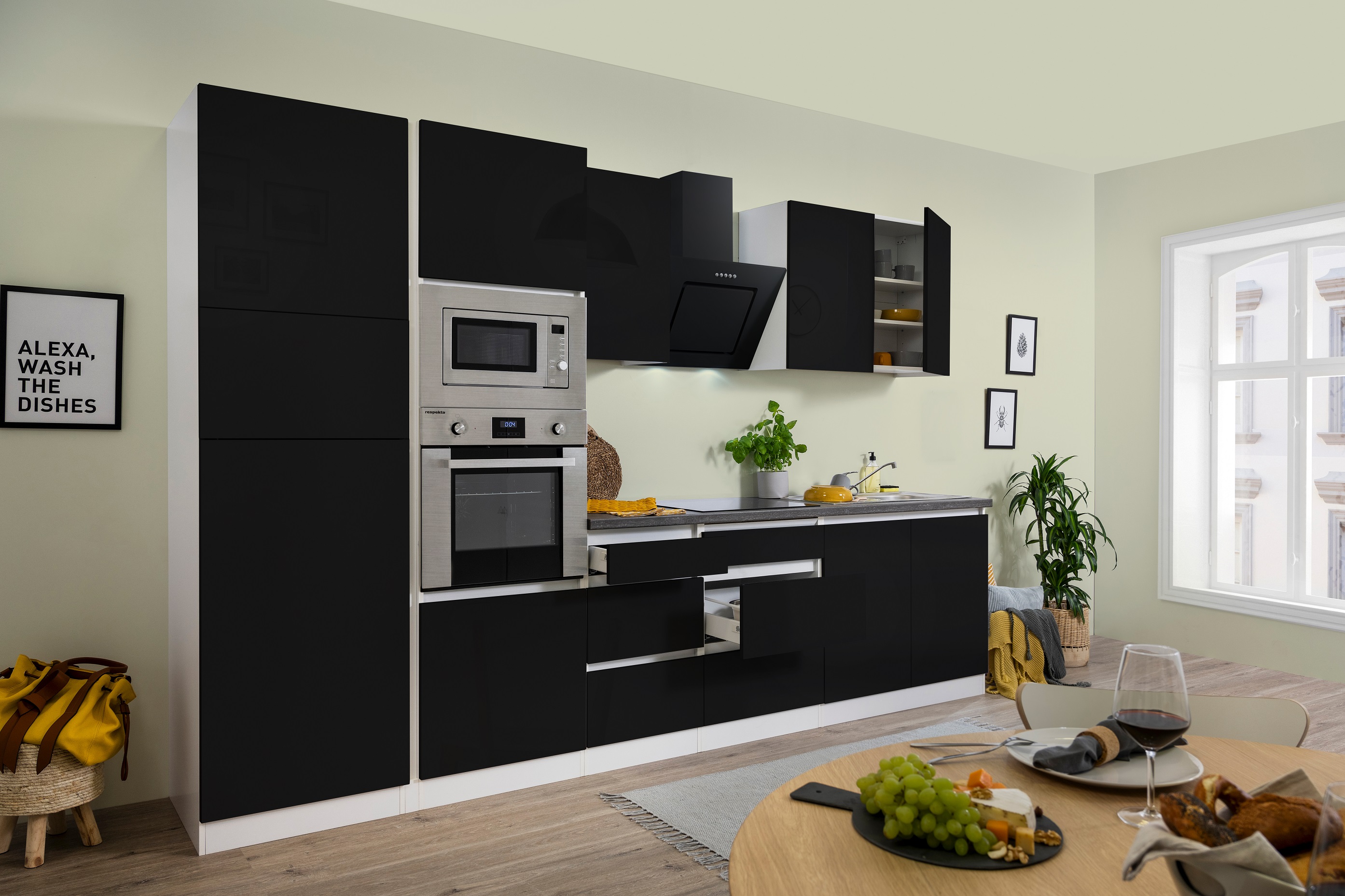 respekta Küche Küchenzeile Küchenblock grifflose Einbauküche 335 cm weiß schwarz