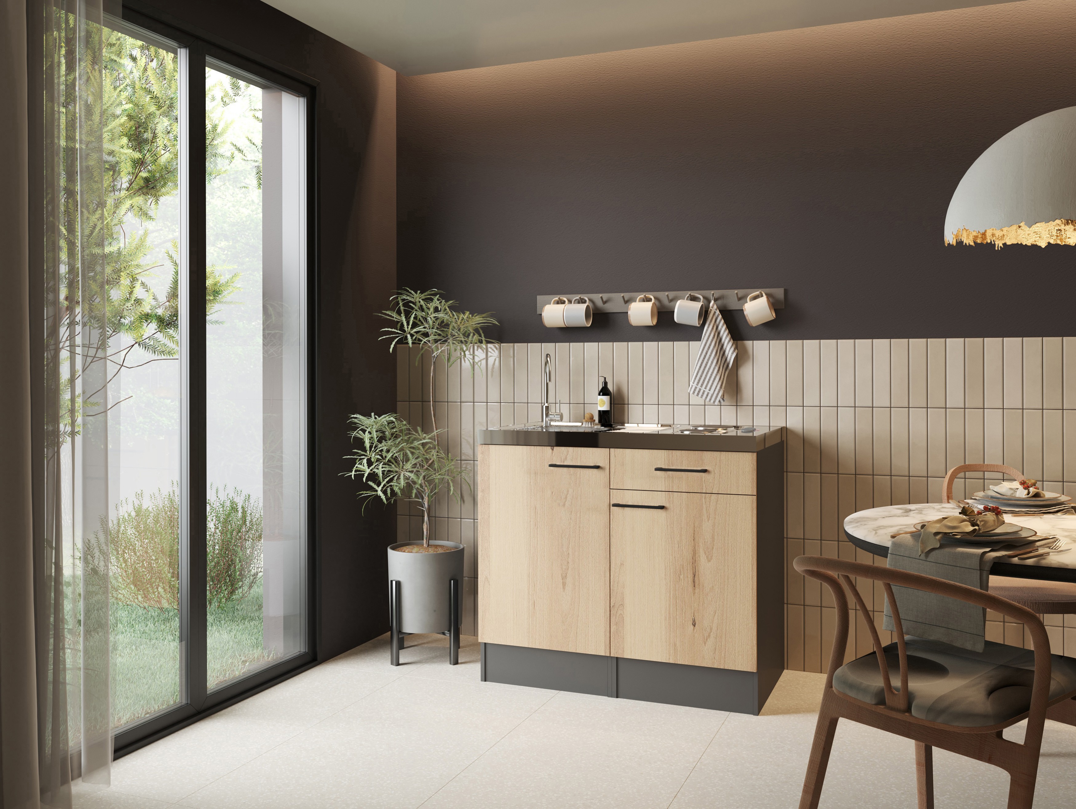 Miniküche Singleküche Küche Pantry 100 cm Artisan Eiche Grau Oliver Respekta