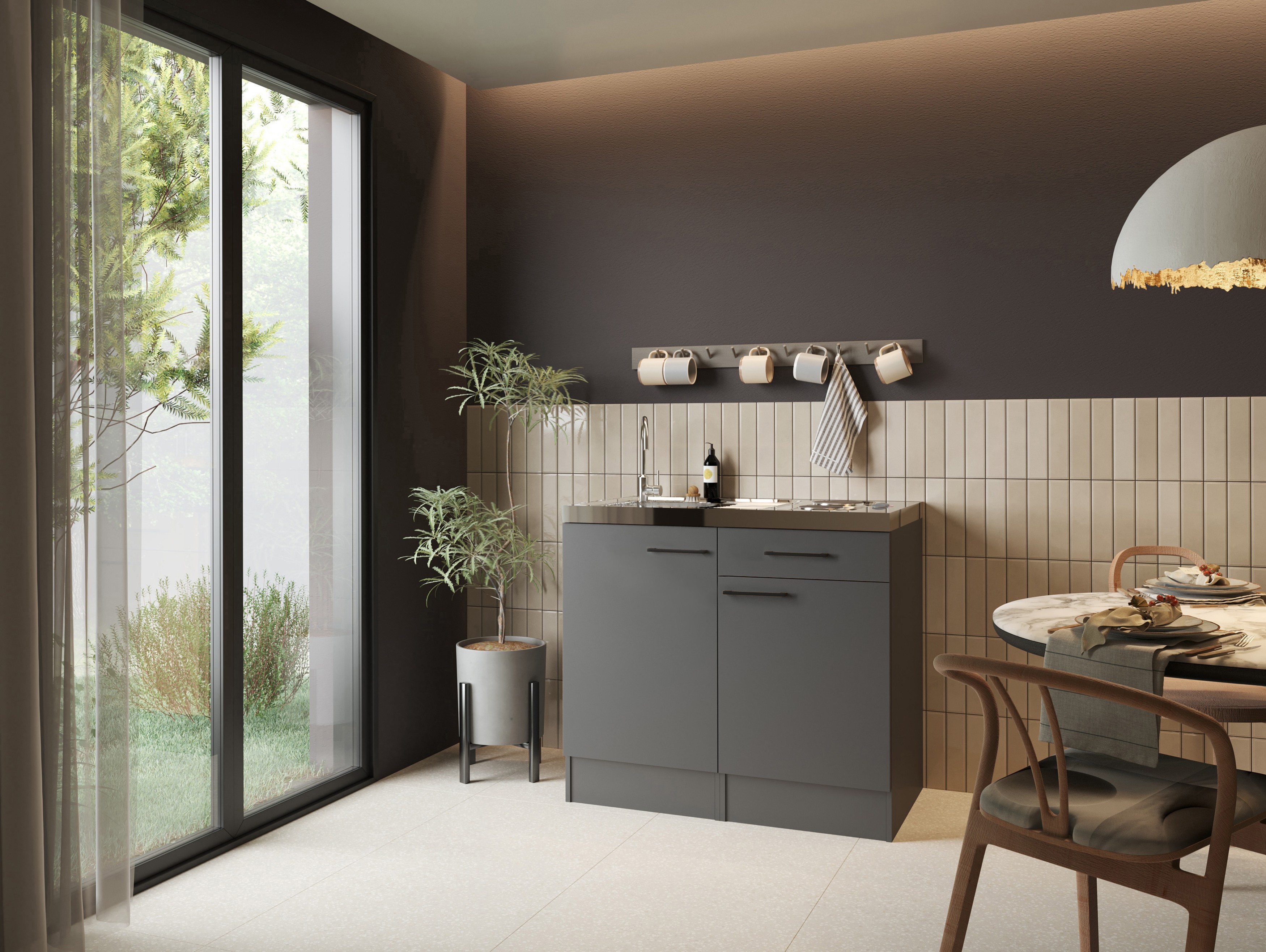 Miniküche Singleküche Küche Pantry 100 cm Artisan Eiche Grau Oliver Respekta