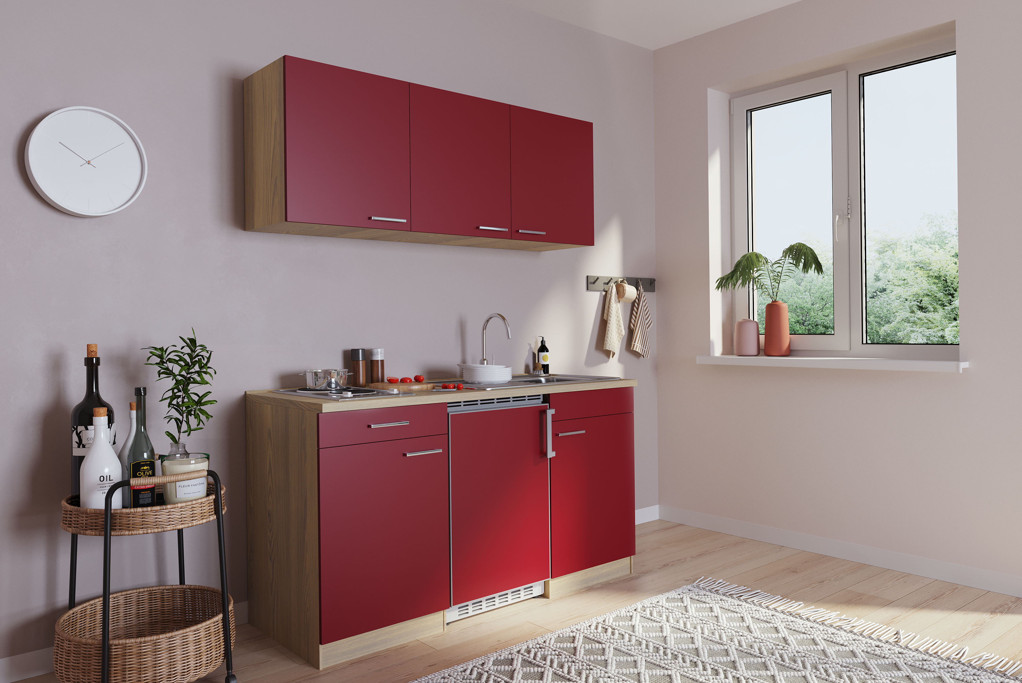 Küche Miniküche Singleküche Küchenzeile Pantry Eiche  Rot  Luis 150 cm Respekta