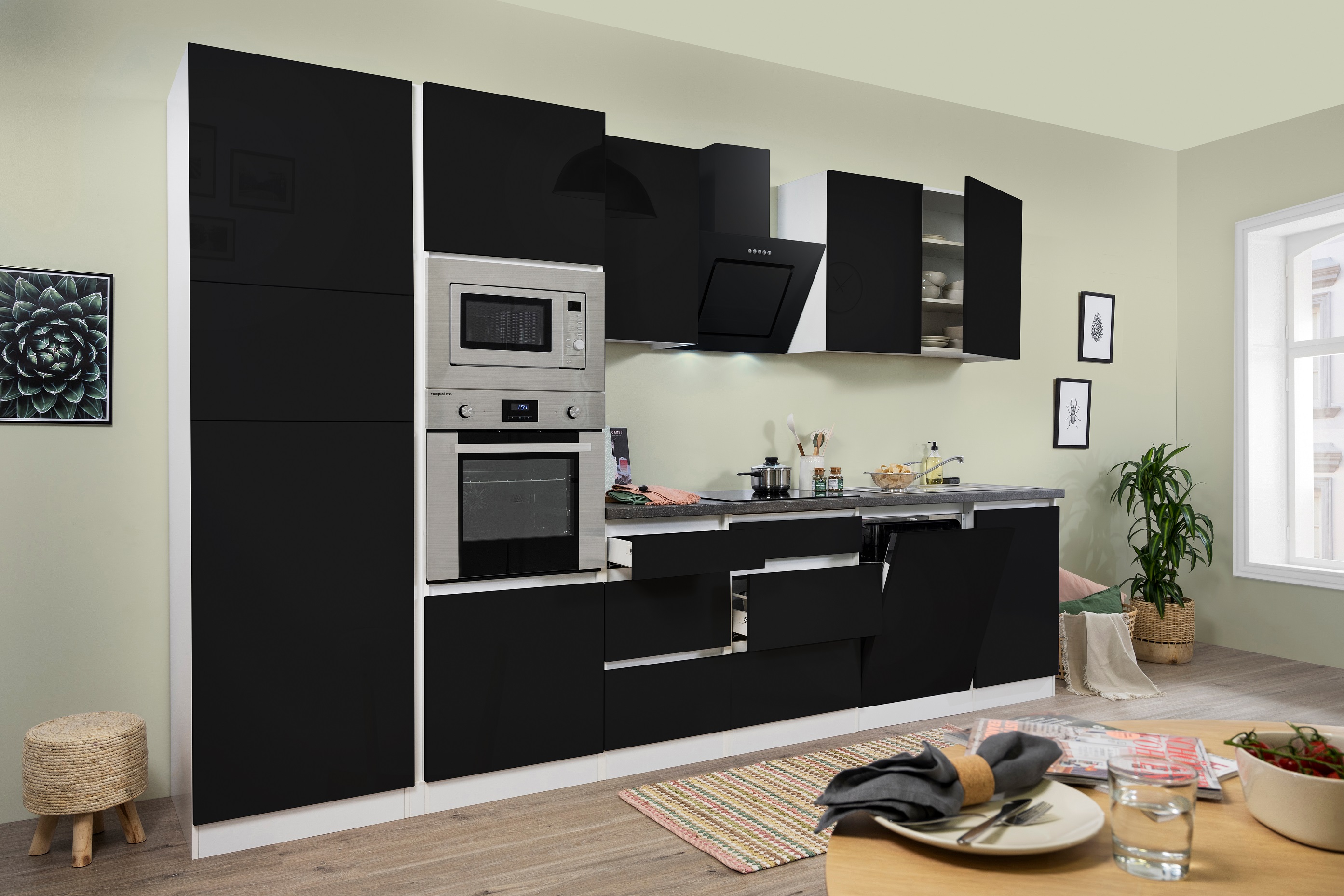 respekta kitchen Kitchenette Kitchen Unit Handleless Fitted Kitchen 345 cm white black