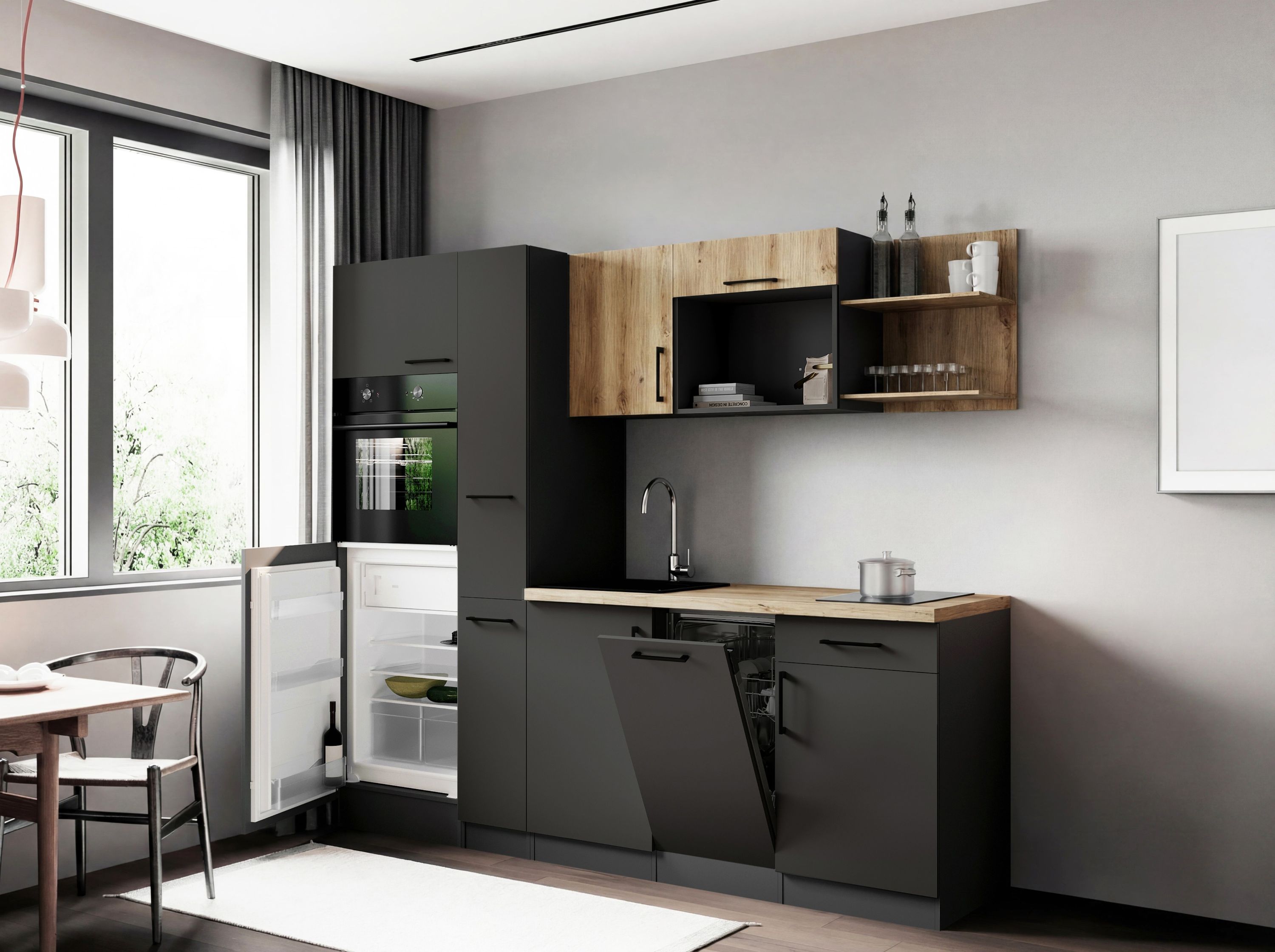 Respekta Küche Küchenzeile Oliver Singleküche 235 cm mit Fronten in – Grau Matt / Artisan Eiche Nachbildung