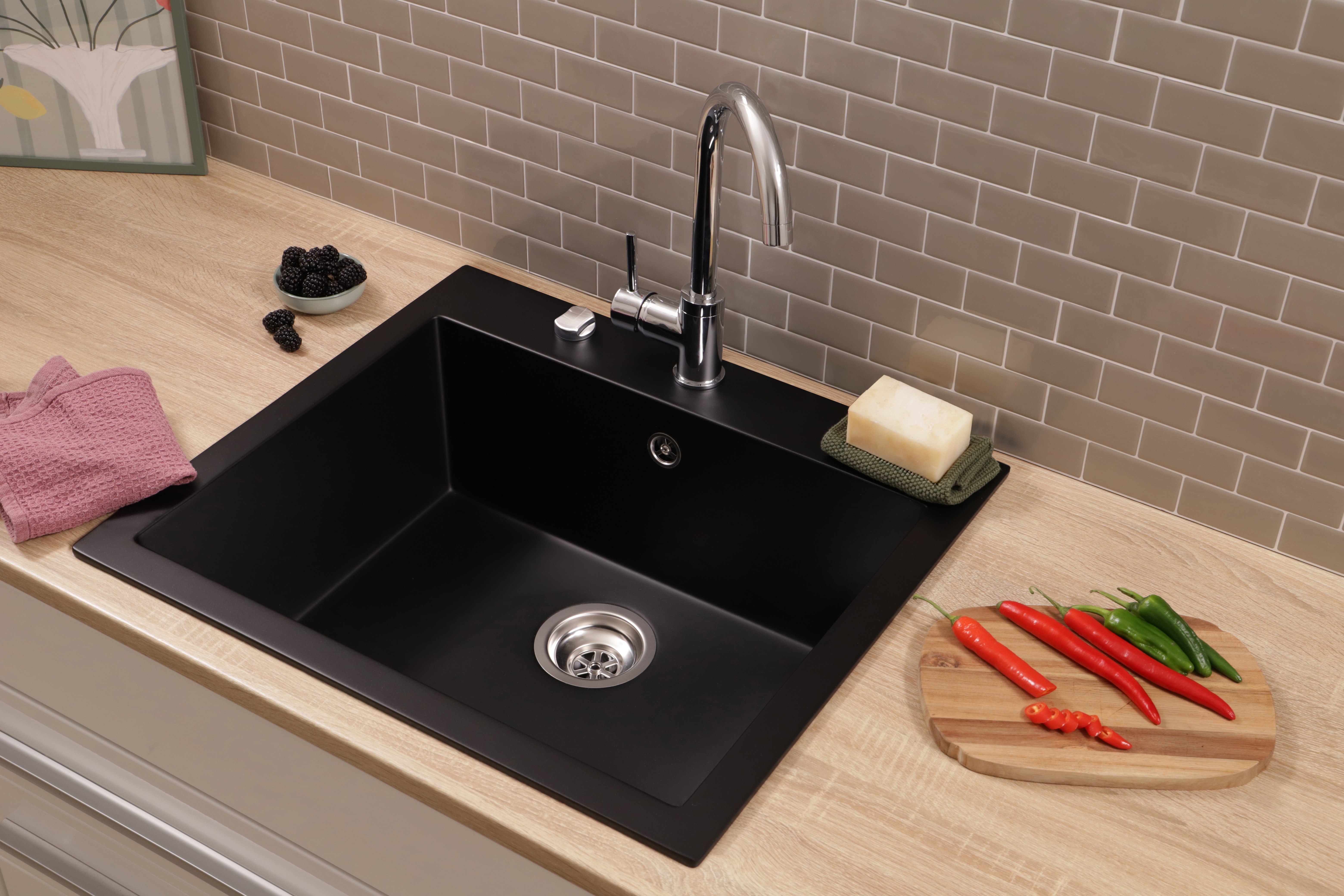 Küchenspüle Einbau Spüle Granit Massiv 60 x 53 Schwarz Respekta Oakville