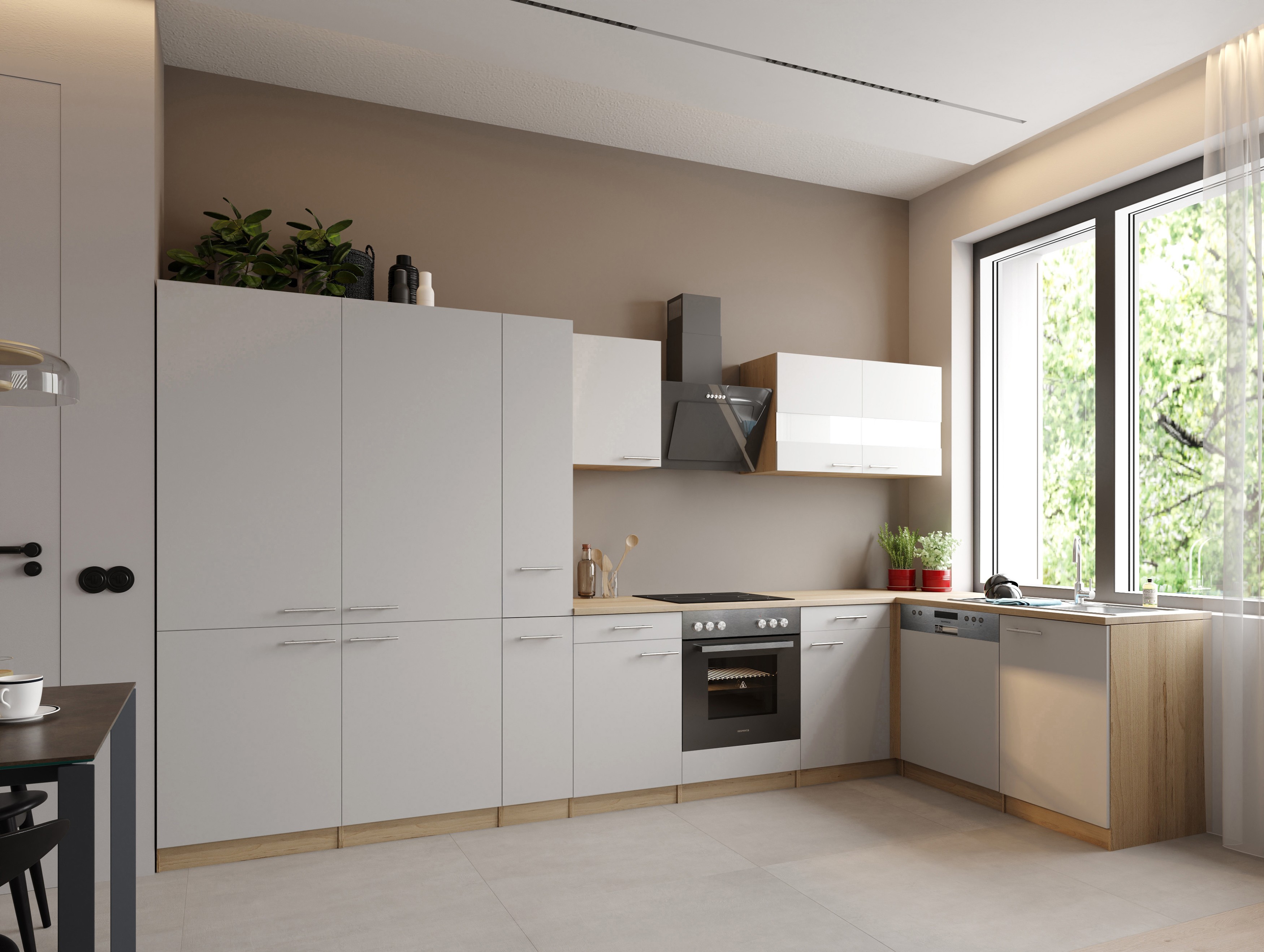 L Küche Einbau Winkelküche Eiche Sägerau Weiß Merle 370 cm French Door Respekta