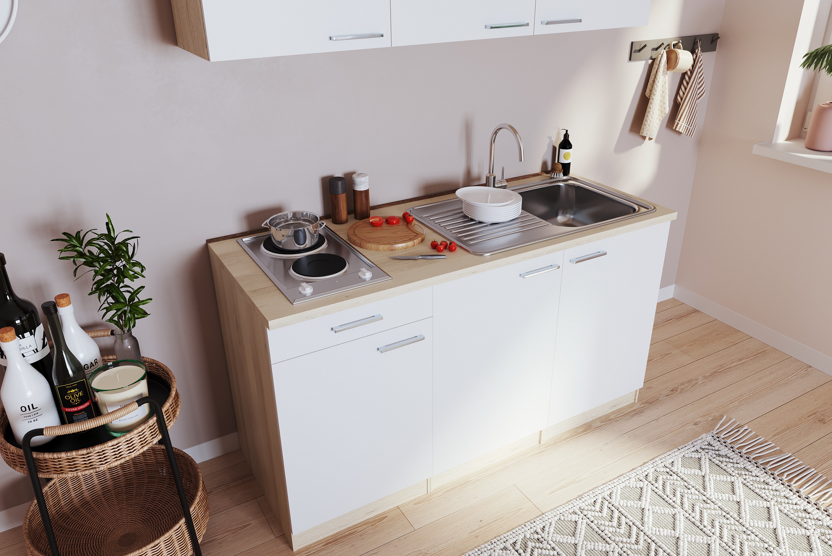 Respecta mini cucina Luis 150 cm rovere grezzo segato bianco senza frigorifero cucina singola