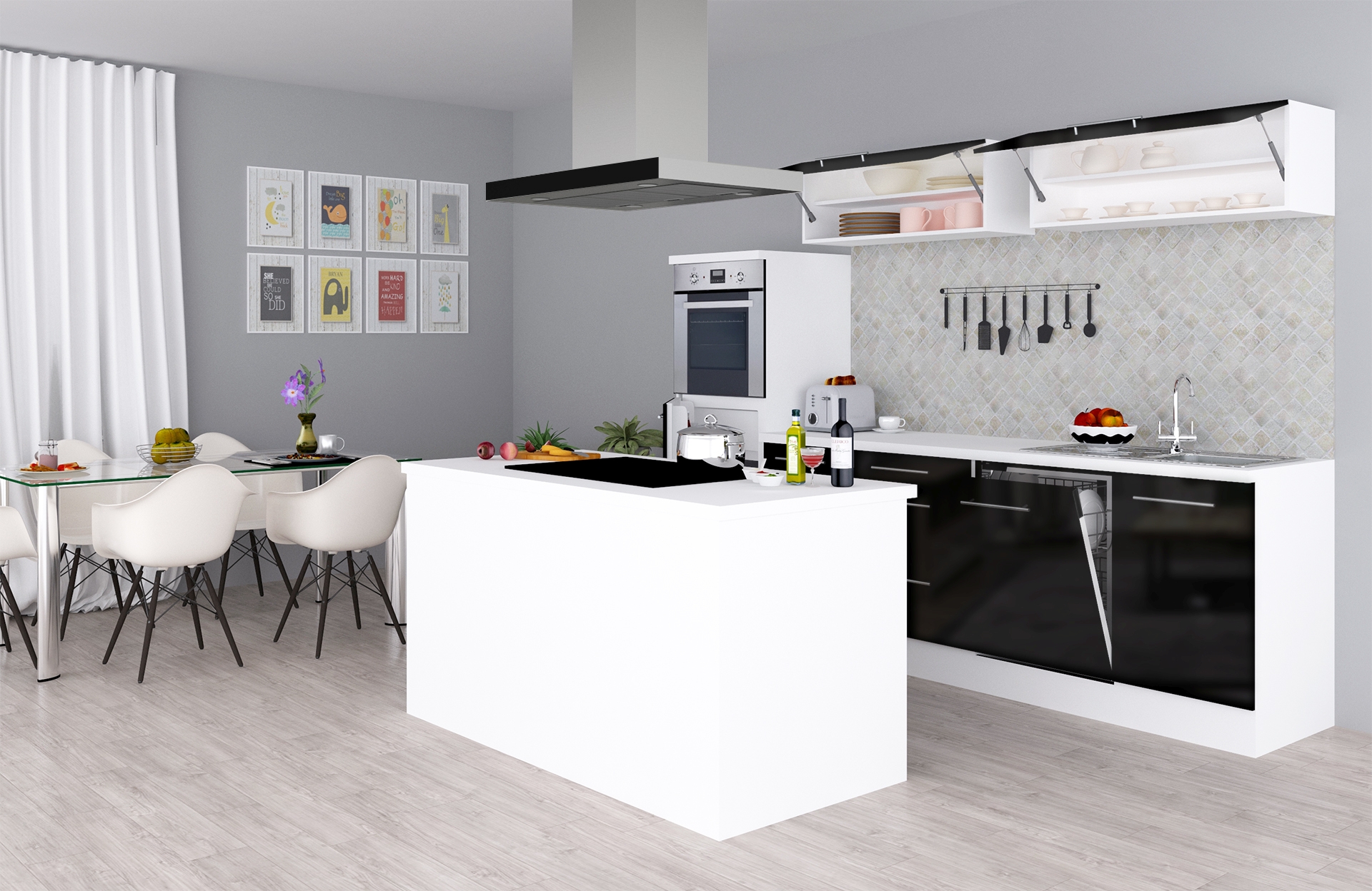 respekta Küchenzeile Inselküche Küche Einbau Küchenblock 280 cm weiß schwarz