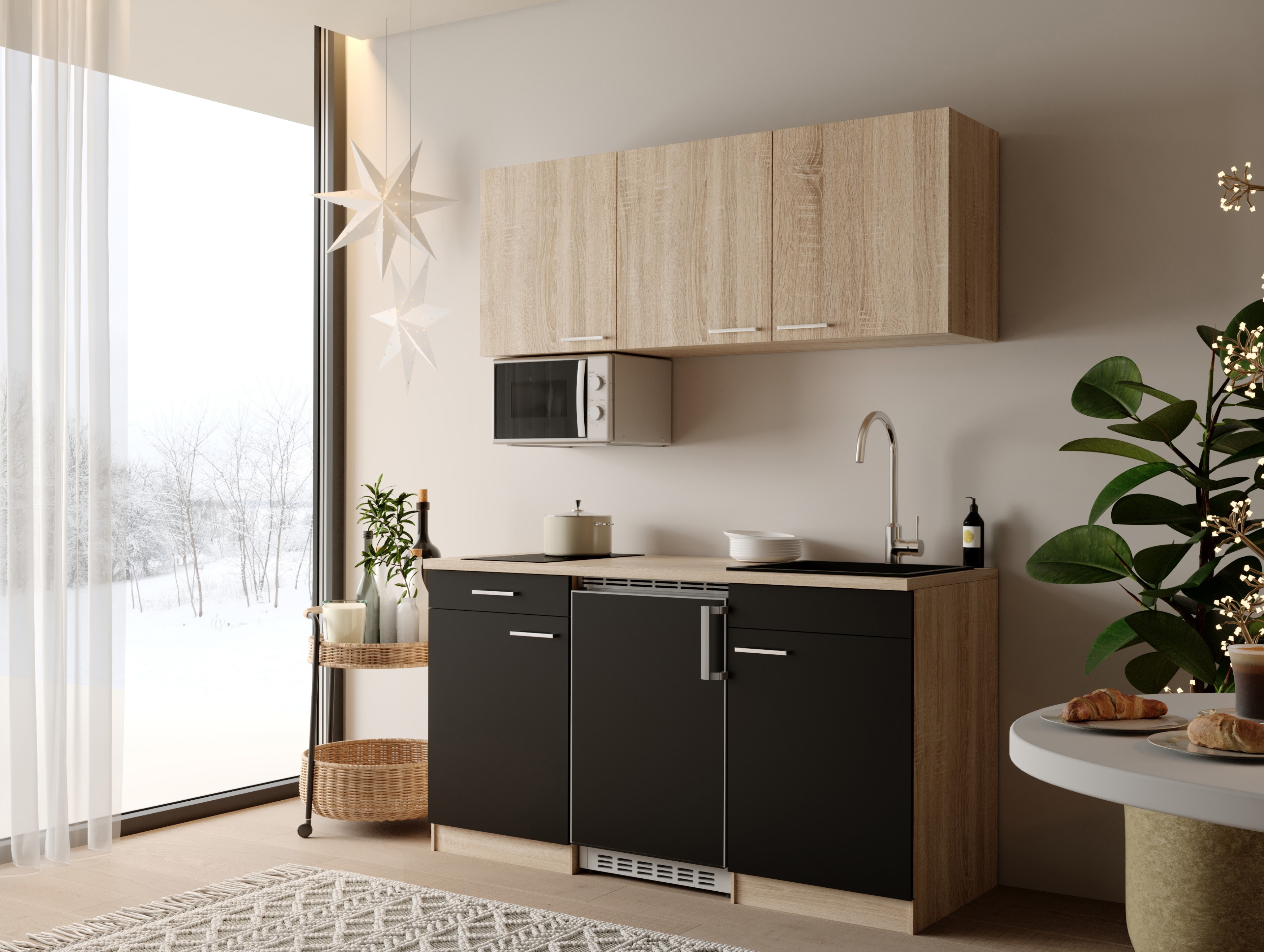 Küche Küchenzeile Einbauküche Singleküche Eiche Schwarz Ingrid 150 cm Respekta