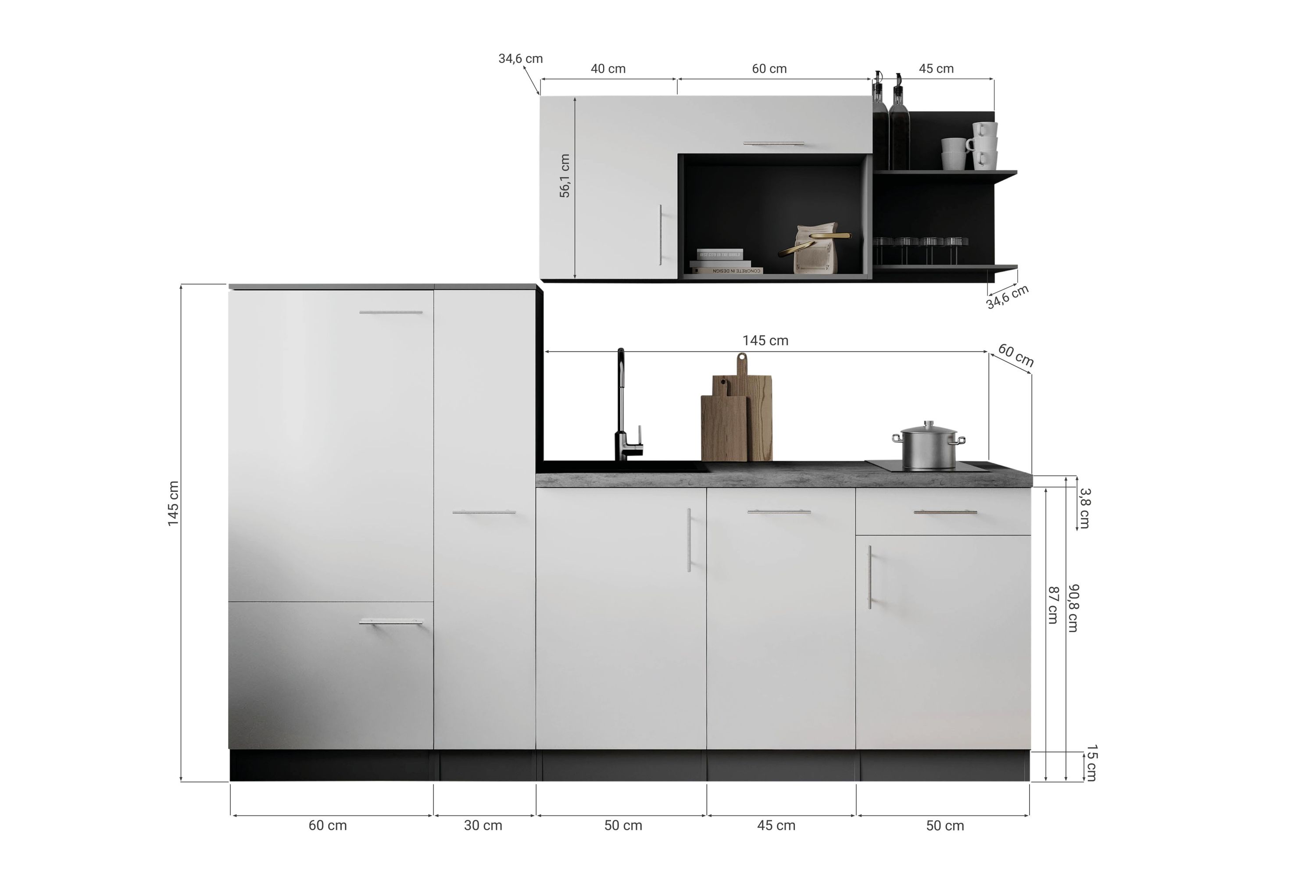 Respekta Küche Küchenzeile Oliver Singleküche 235 cm mit Fronten in – Grau Matt / Artisan Eiche Nachbildung