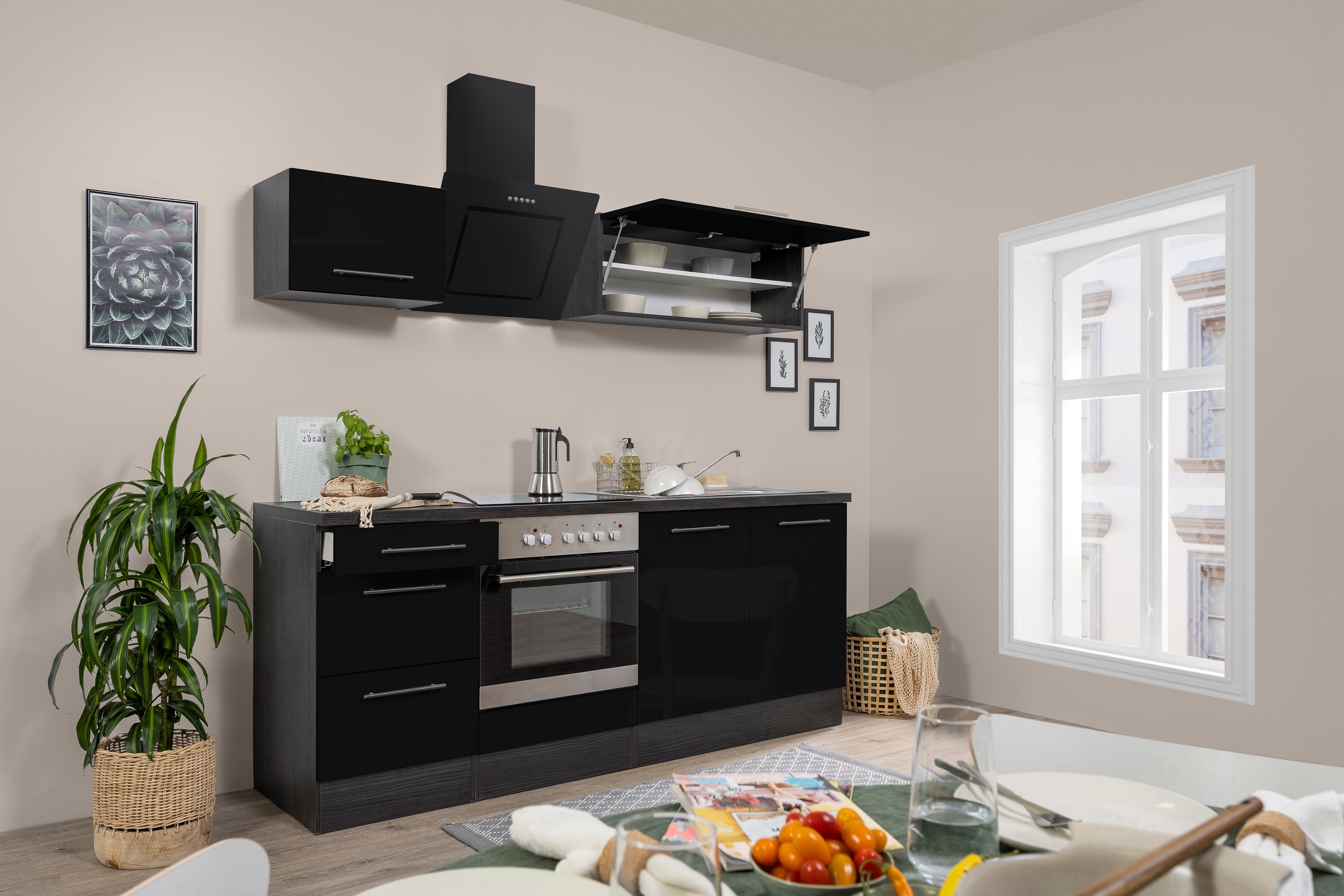 respekta kitchen unit kitchen block fitted kitchen high gloss 210cm oak black