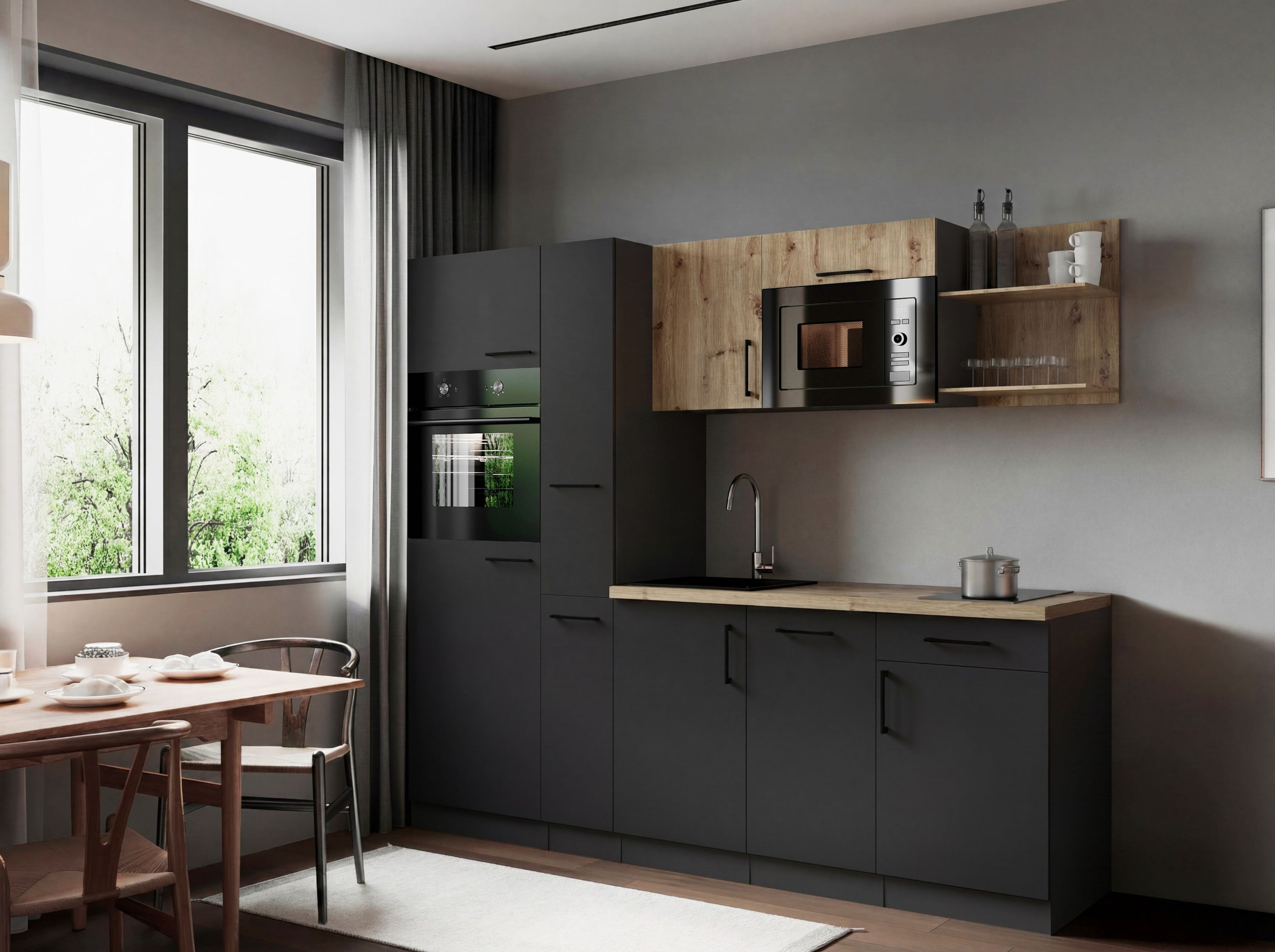 Respekta Küche Küchenzeile Oliver Singleküche 235 cm mit Fronten in – Grau Matt / Artisan Eiche Nachbildung