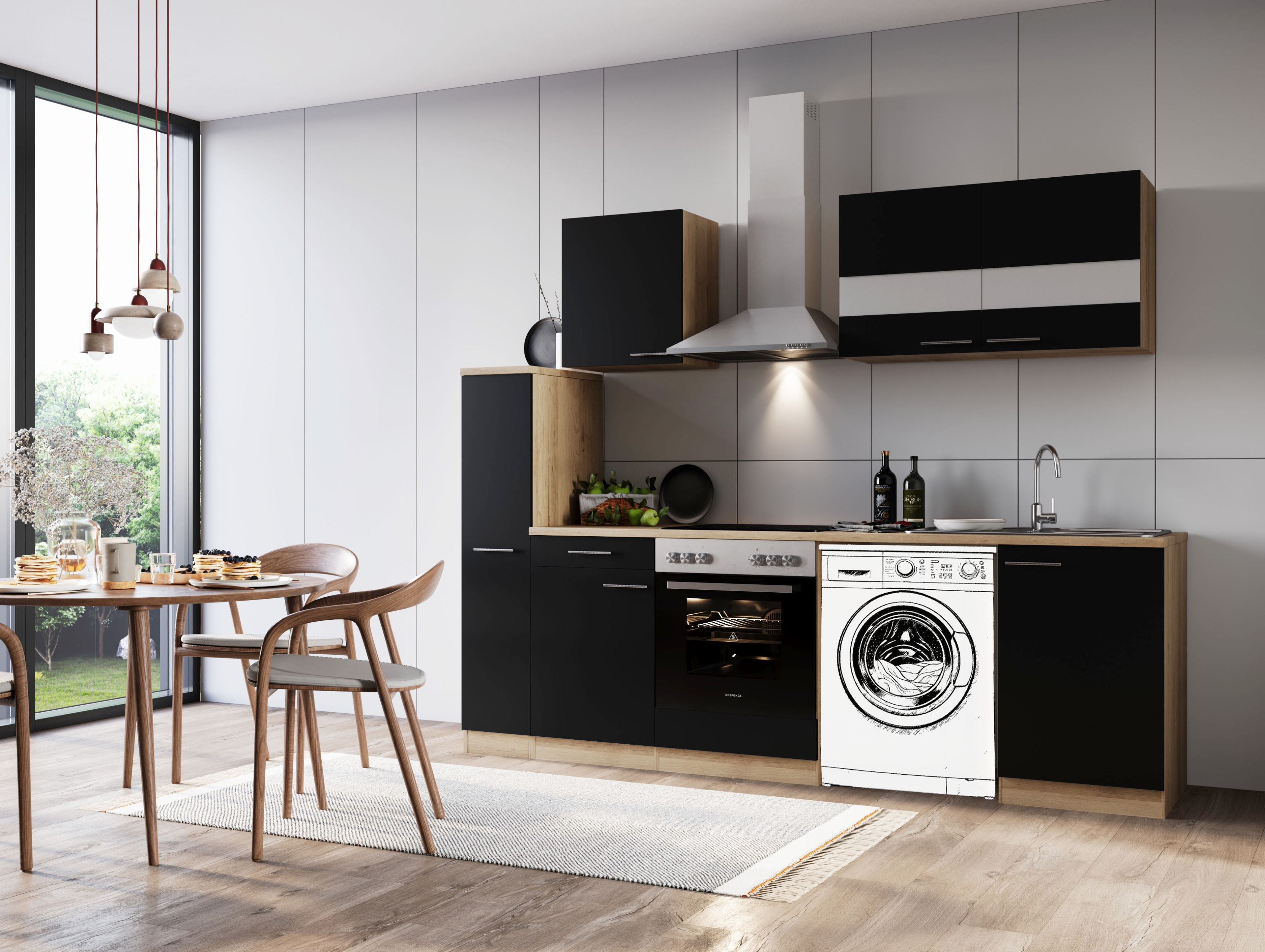 Küche Küchenzeile für Unterbau Waschmaschine Eiche Schwarz Merle 250 cm Respekta Küche Küchenzeile für Unterbau Waschmaschine Eiche Schwarz Merle 250 cm Respekta